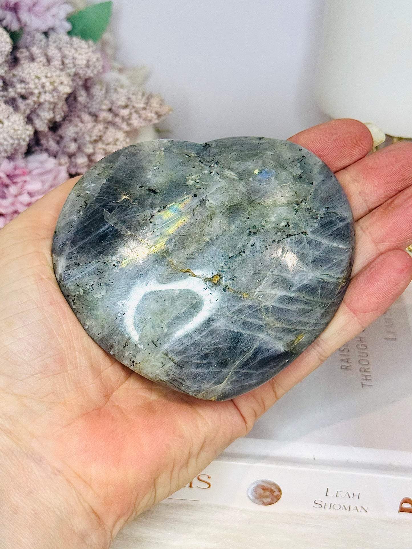 Large Labradorite Carved Heart with Purple Flash 9cm