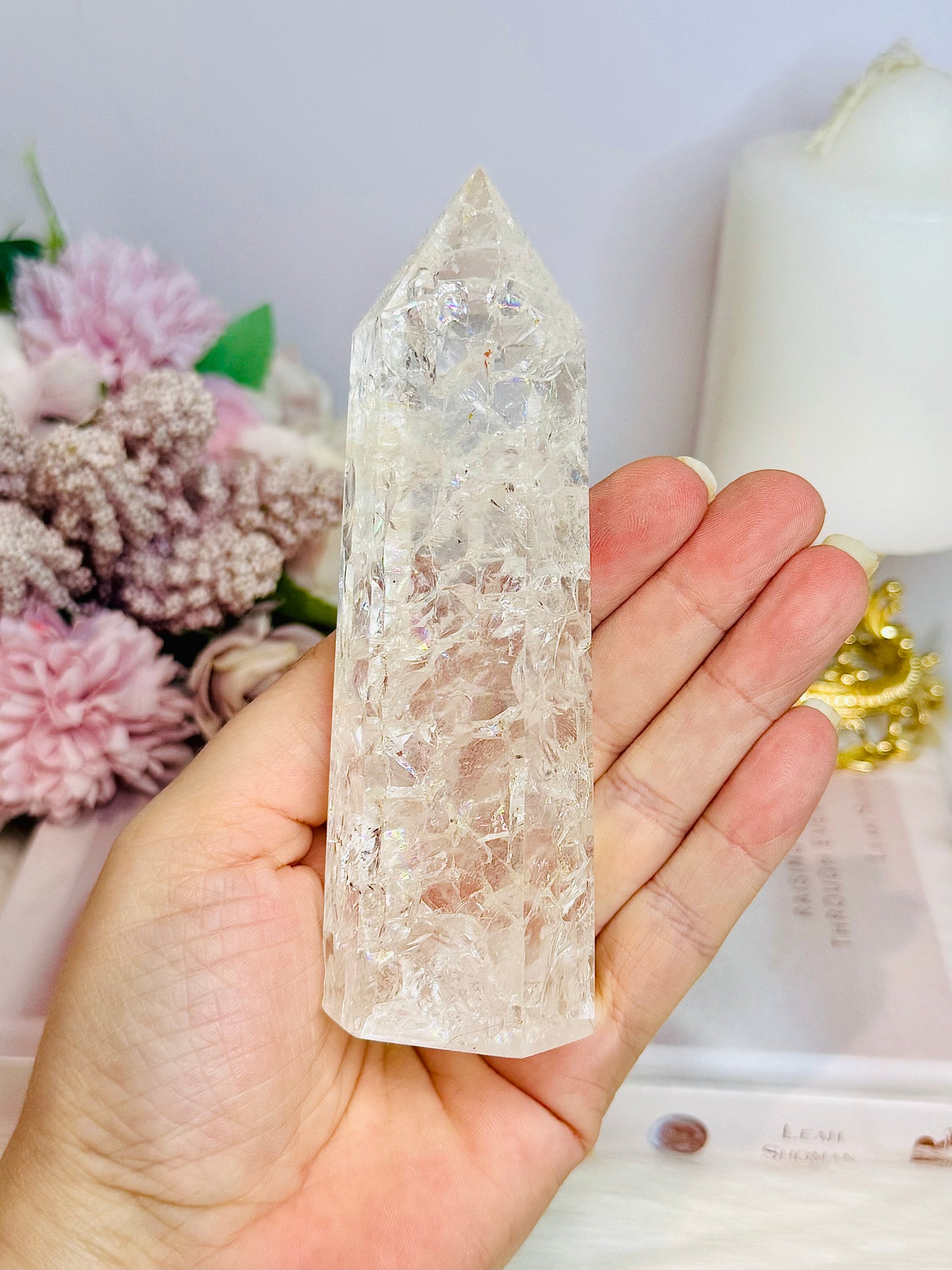 Clear Quartz Crackle Tower 12.5cm With Rainbows