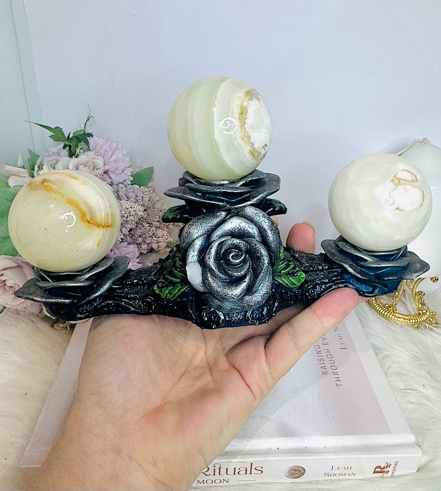 Rose Sphere Holder with 3 Green Banded Calcite (Onyx) Spheres 20.5cm 938g $65 x