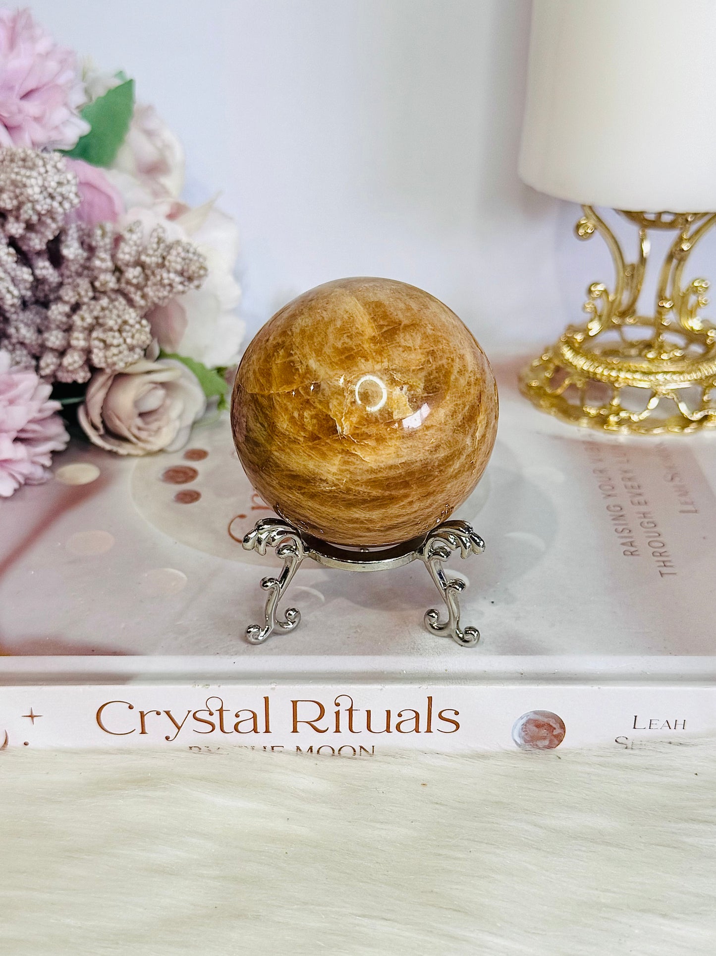 Natural Moonstone Carved Sphere 238grams On Stand