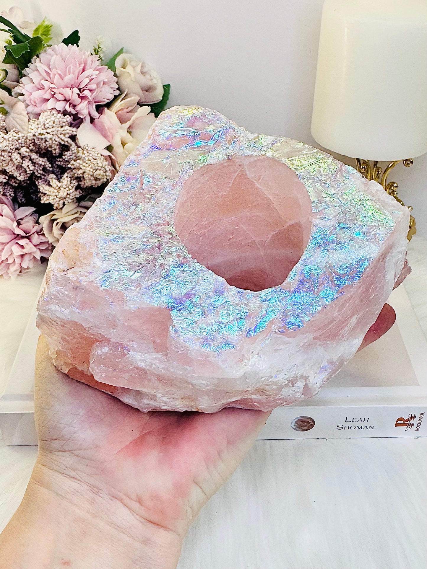 So Pretty!!!! Large Chunky 1.2KG 14cm Angel Aura Rose Quartz Candle Holder