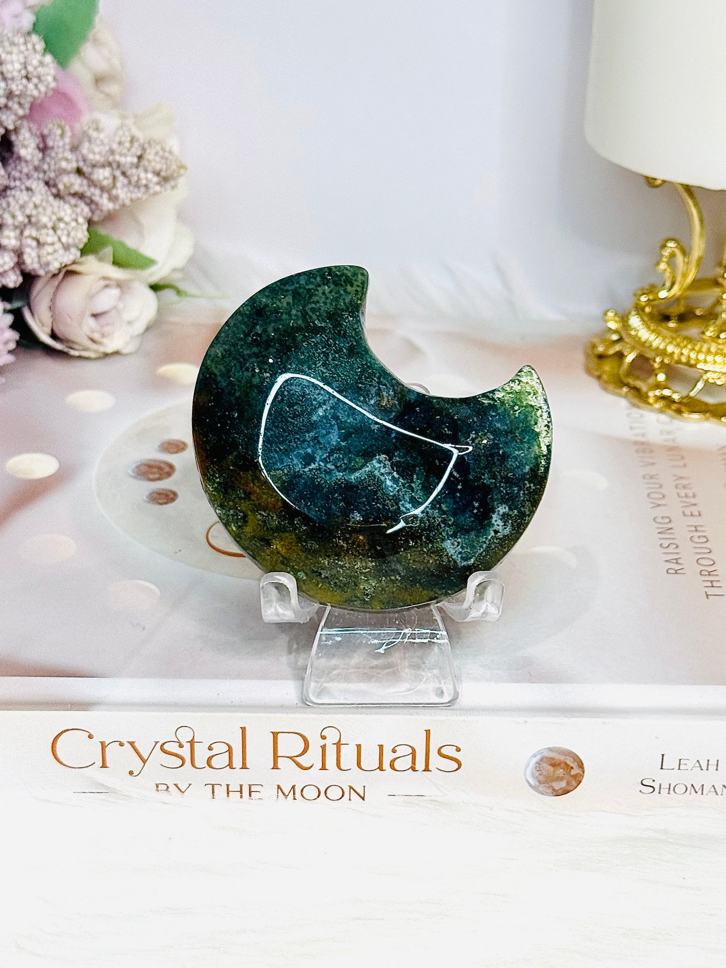 Chunky Moss Agate Carved Moon On Stand 7cm