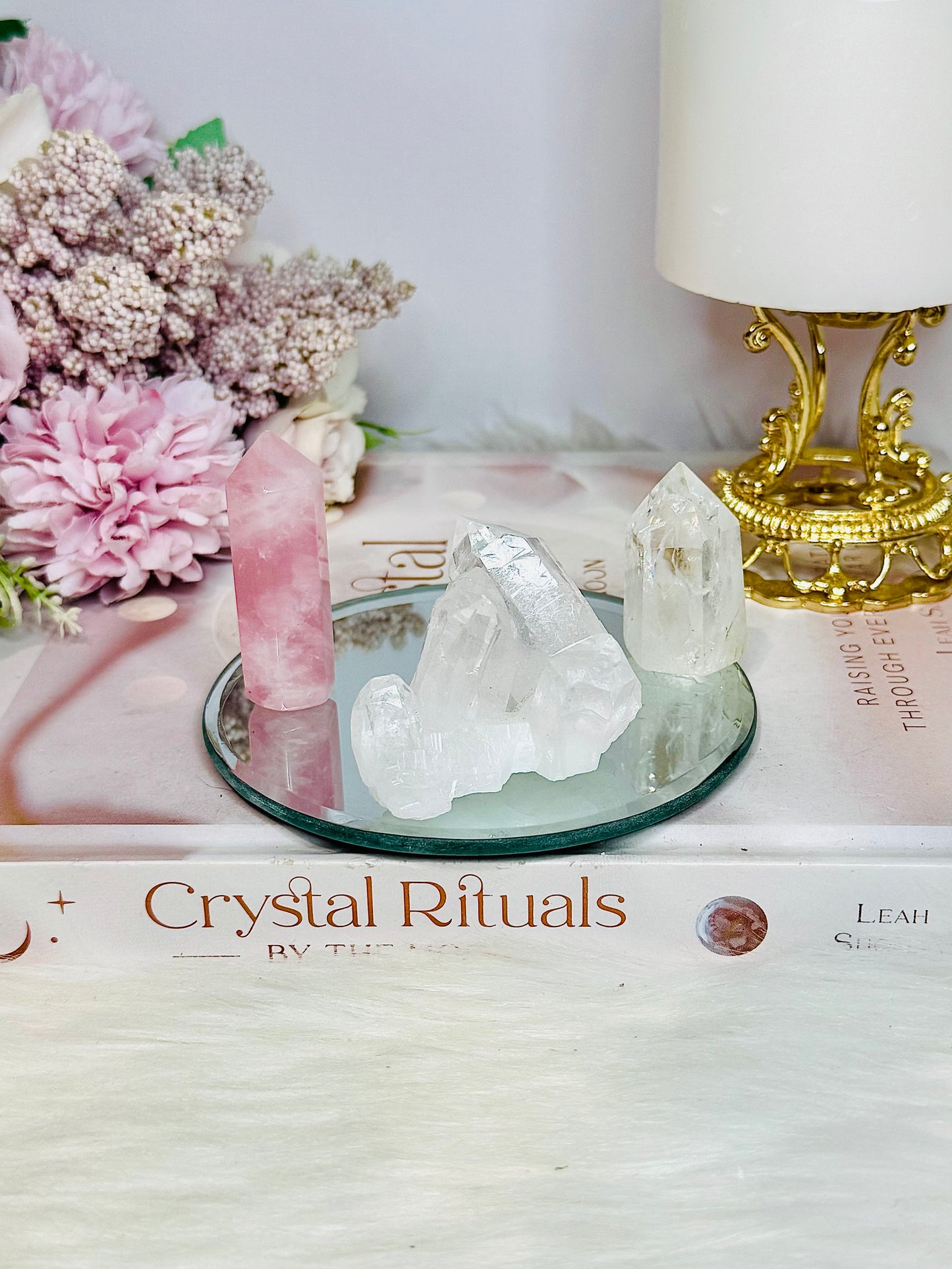Gift Set ~ Mirror Tray 10cm Rose Quartz & Clear Quartz Towers