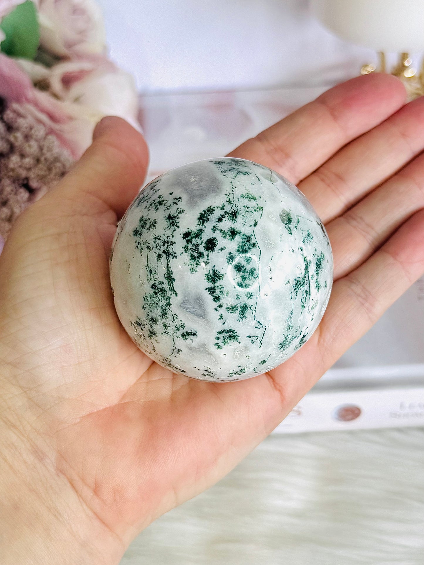 Peace & Tranquility ~ Moss Agate Sphere 269grams On Stand (Sphere has imperfections see pics)