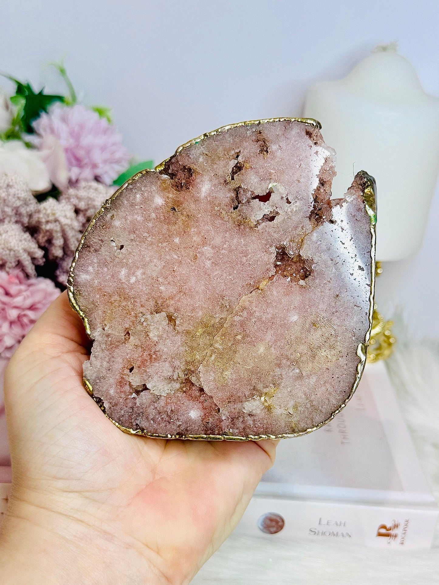 Large Pink Amethyst Druzy Chunky Coaster with Gold Plating 285g
