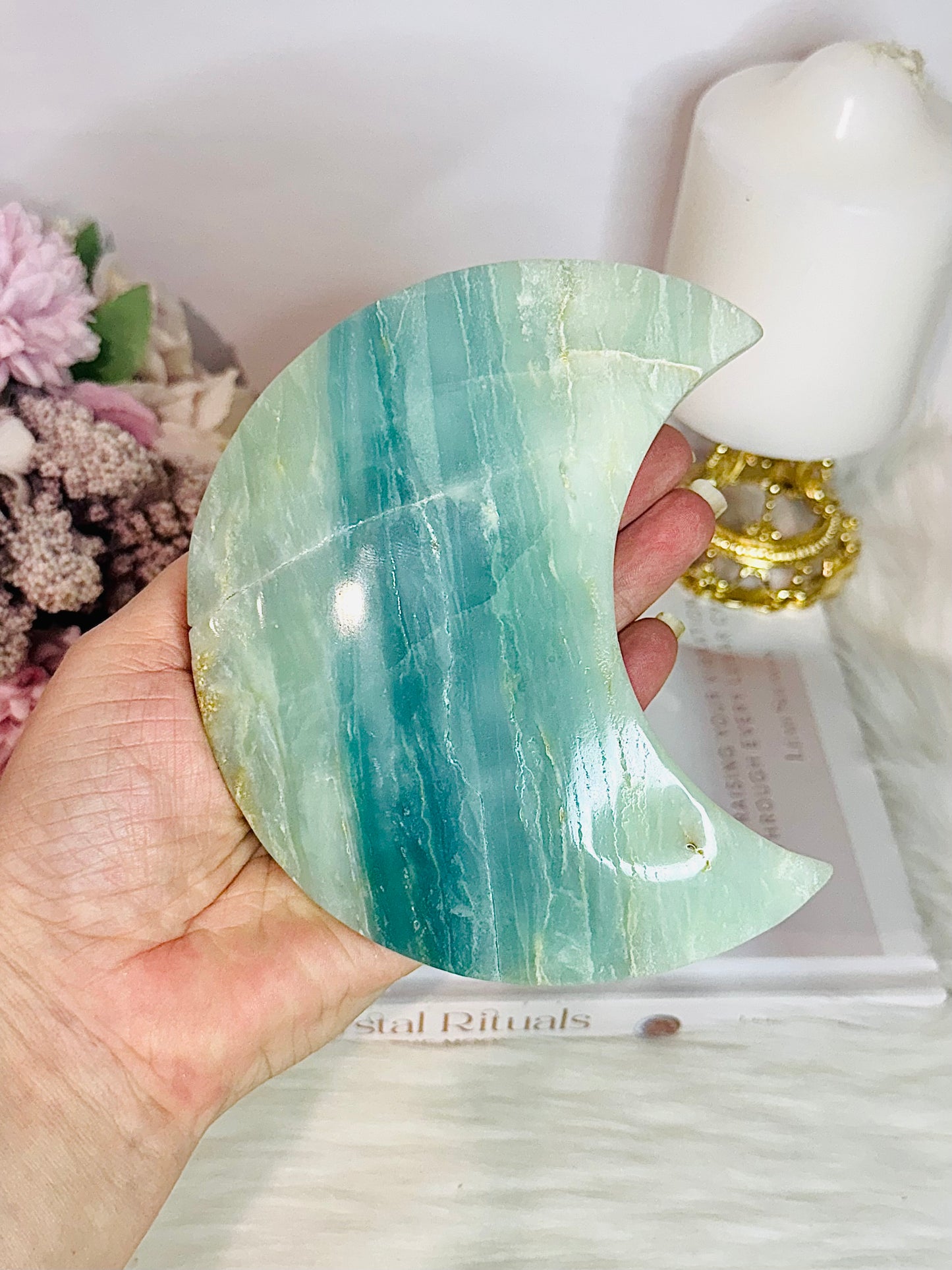 Large Sky Blue Quartz Carved Chunky Moon On Stand 25cm 626grams