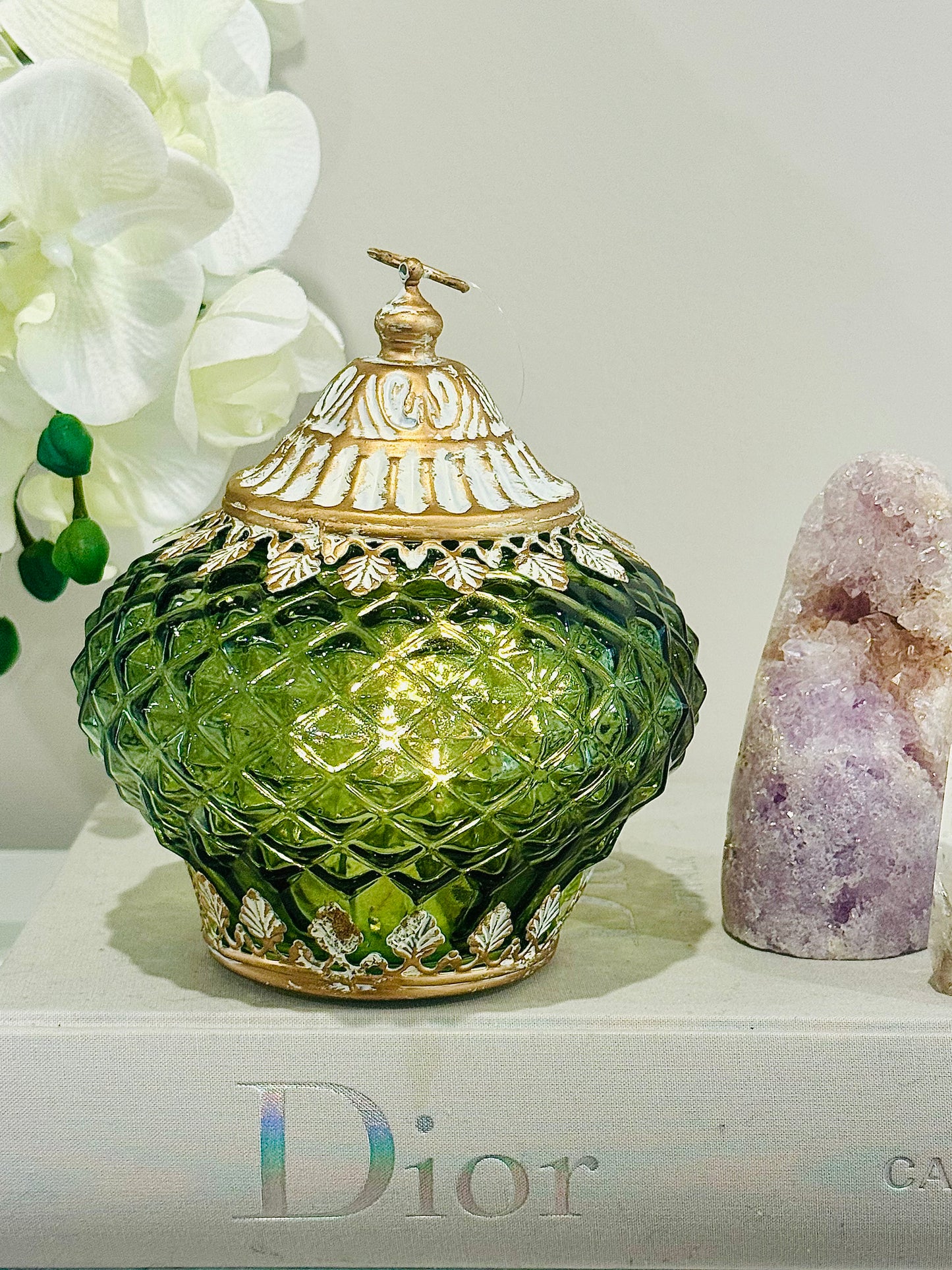 Glass Lantern Led Temple Green Avocado 15.5cm