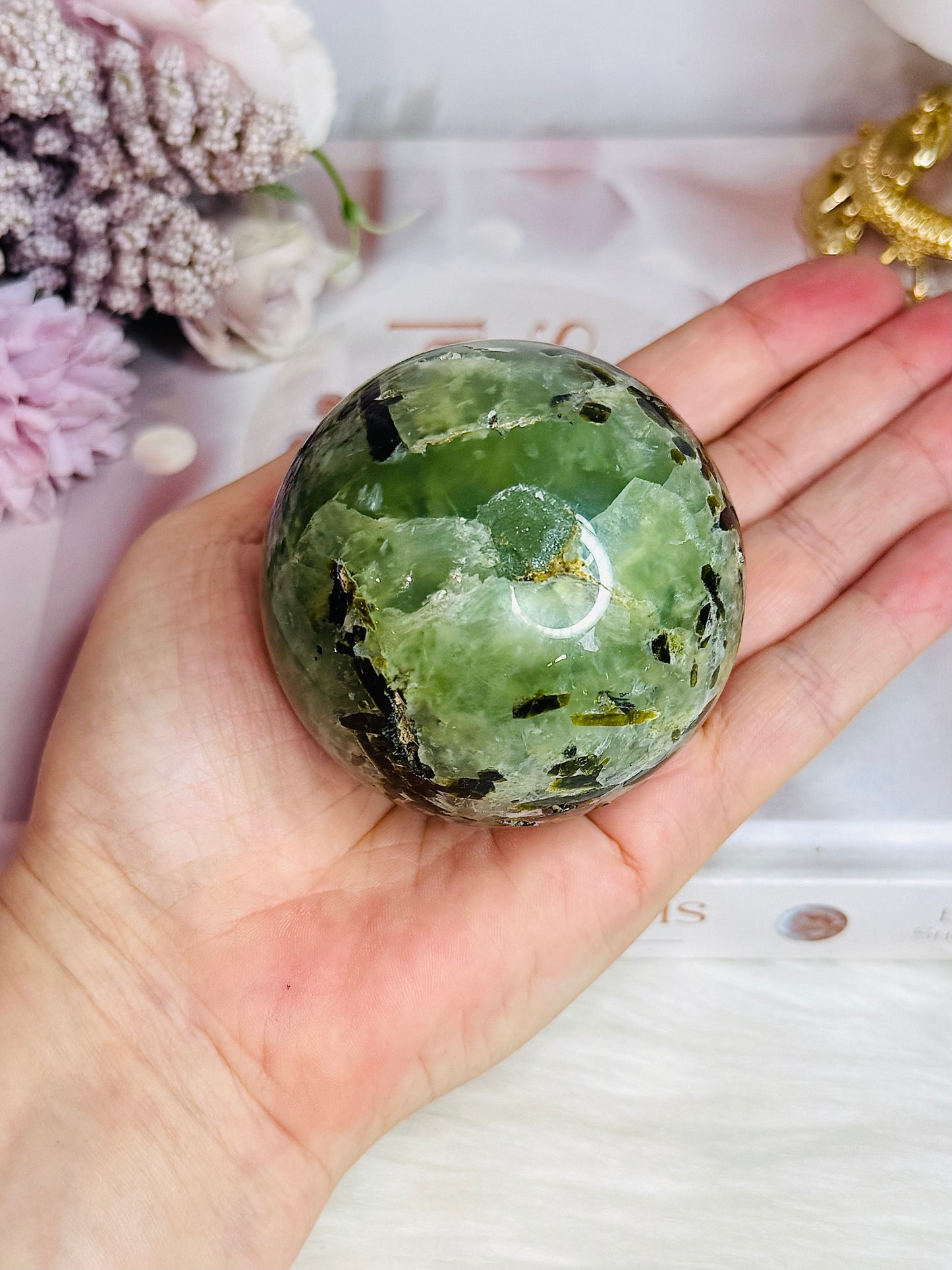 Large Prehnite with Epidote Sphere on Stand 412g (Sphere has an imperfection)