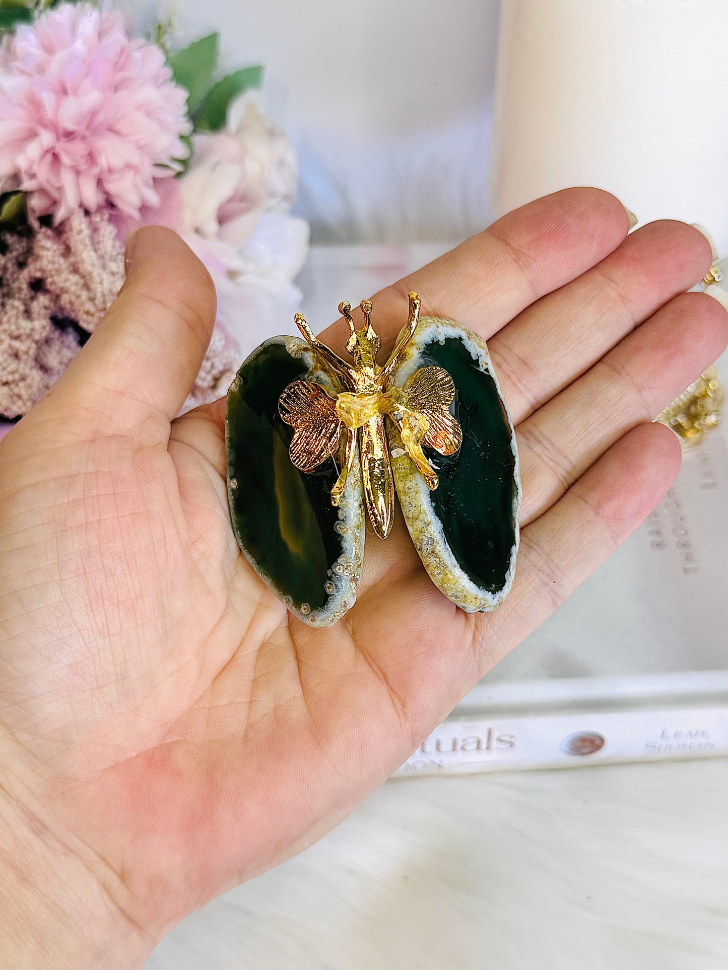 Gold Insect with Green Agate Wings 6cm