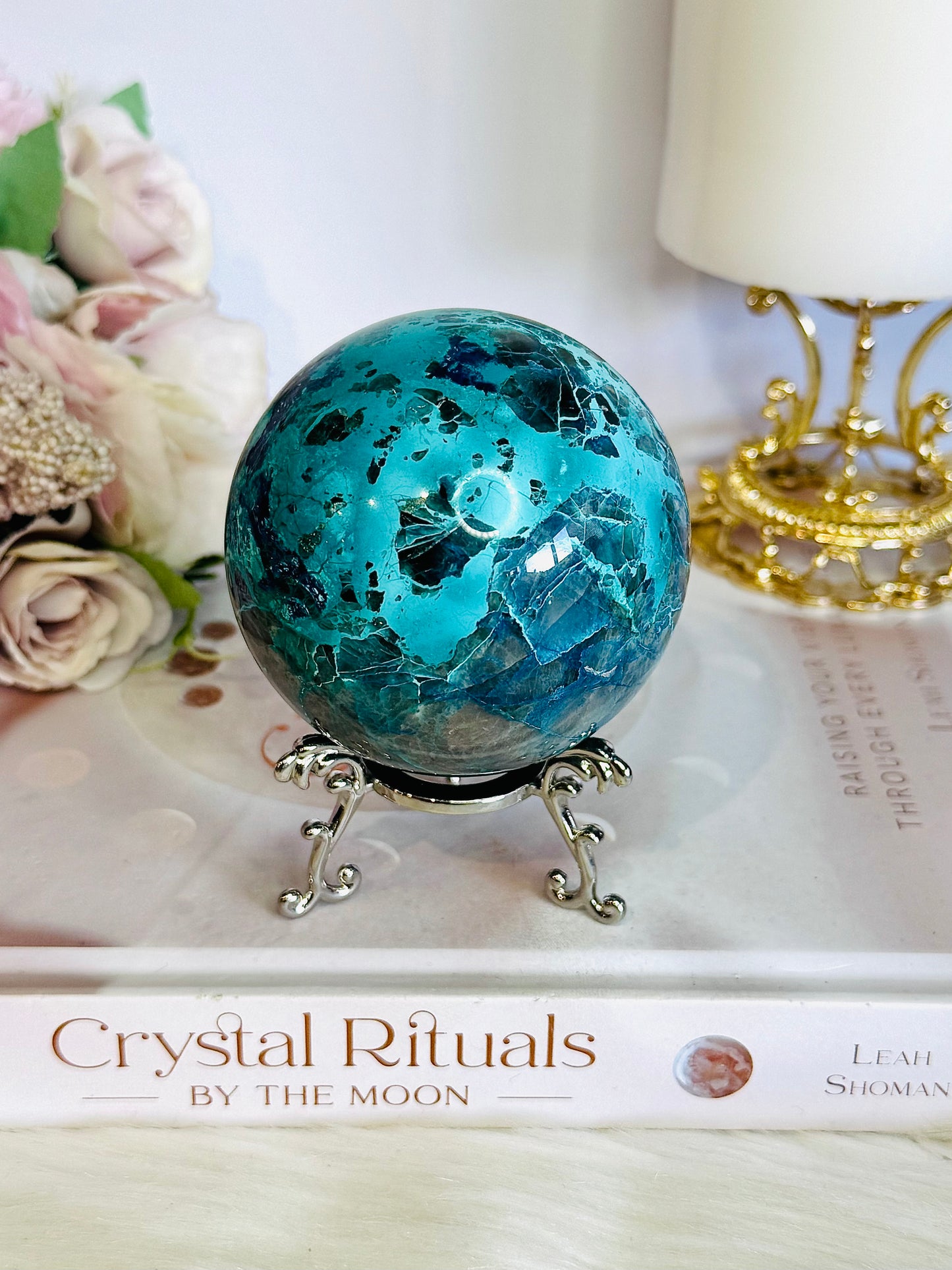 Absolutely Incredible High Grade Chrysocolla Sphere on Stand 399grams