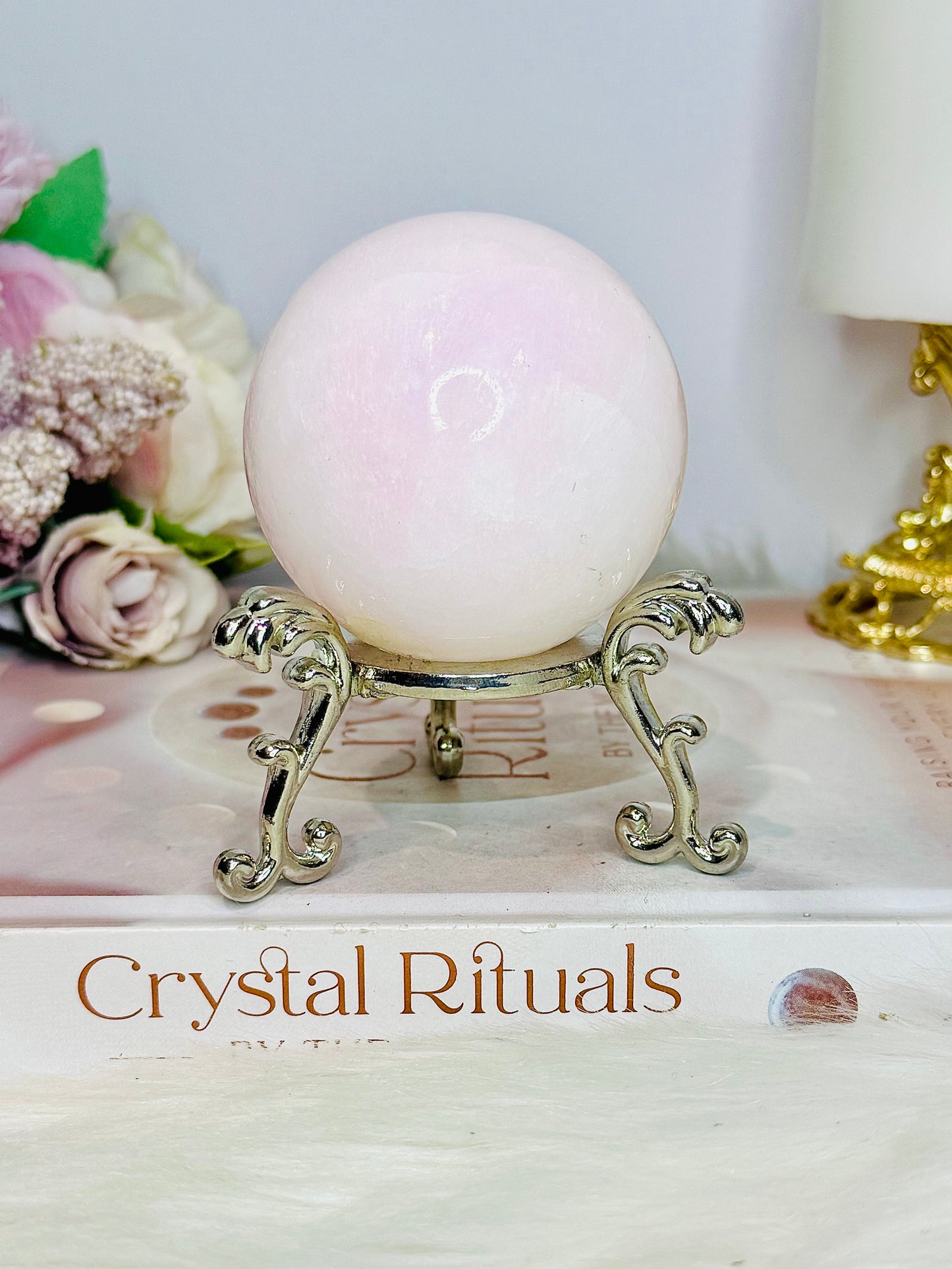 Natural Pink Mangano Calcite (UV Reactive) Sphere on Stand 291g