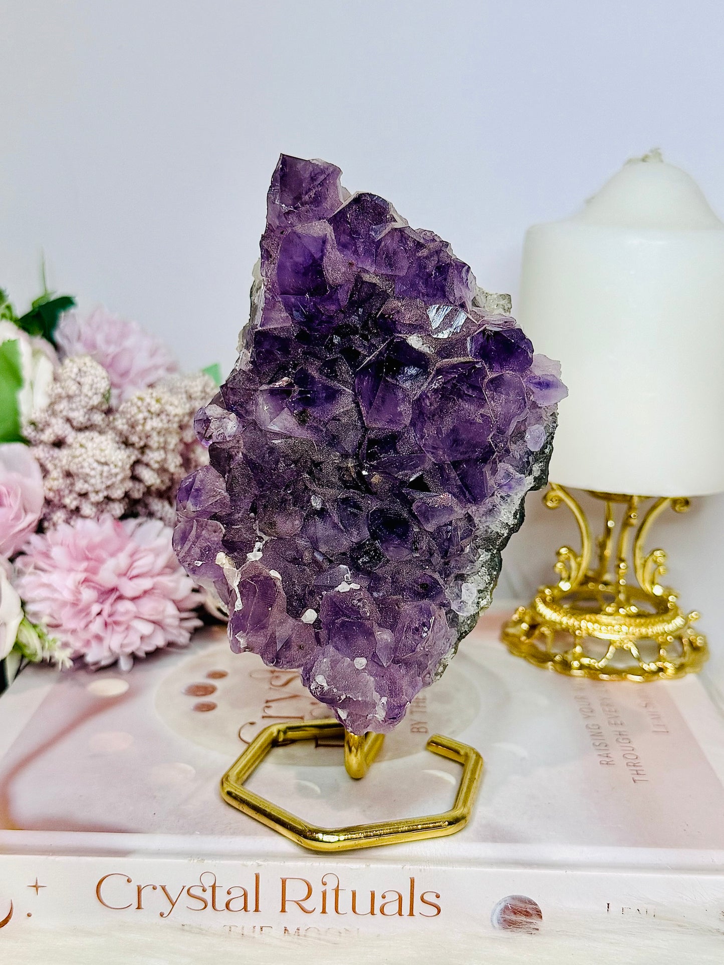 Large Natural Amethyst Cluster On Gold Stand 16cm 625g