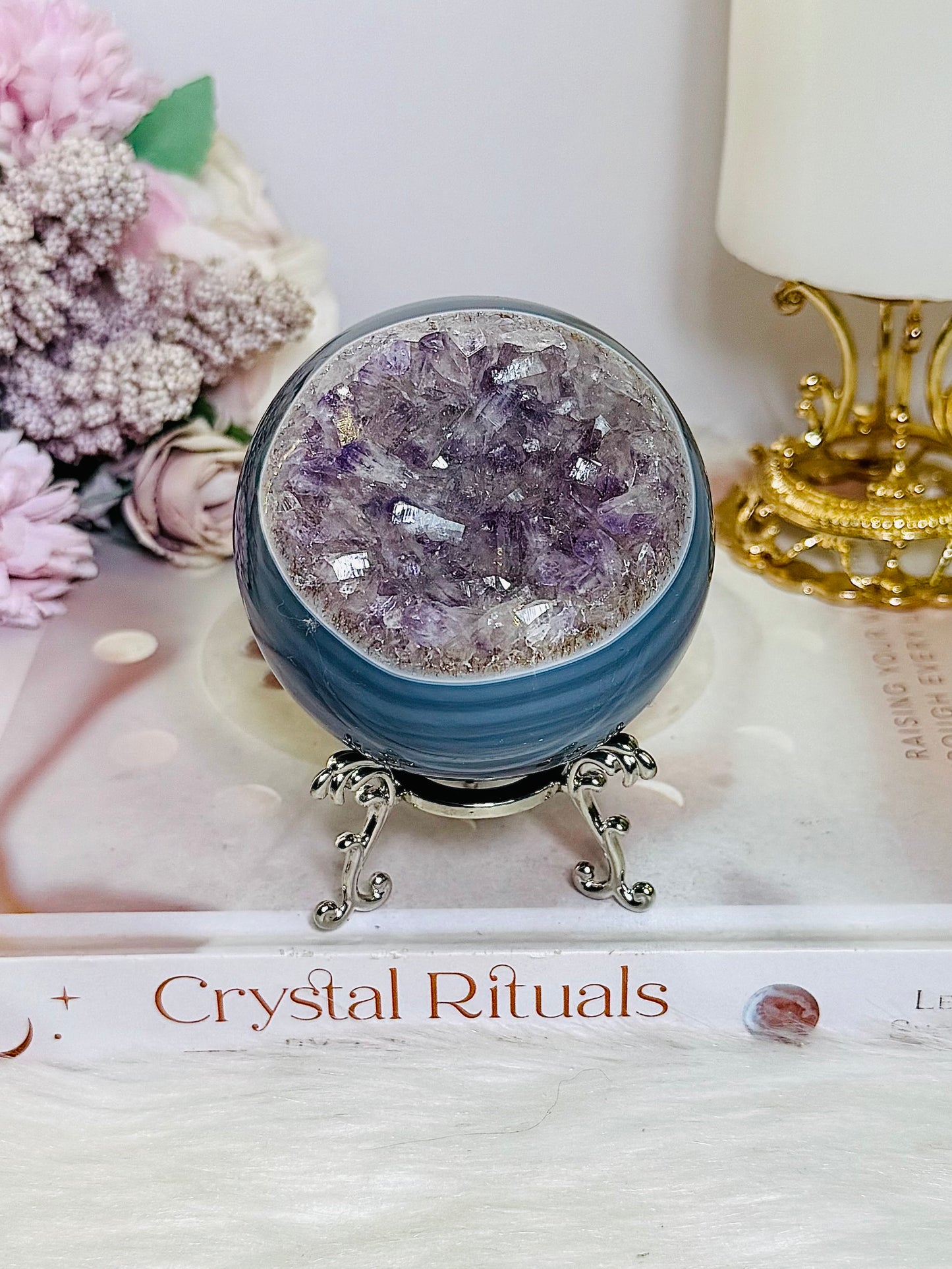 High Grade Druzy Amethyst | Agate Sphere on Stand 475g