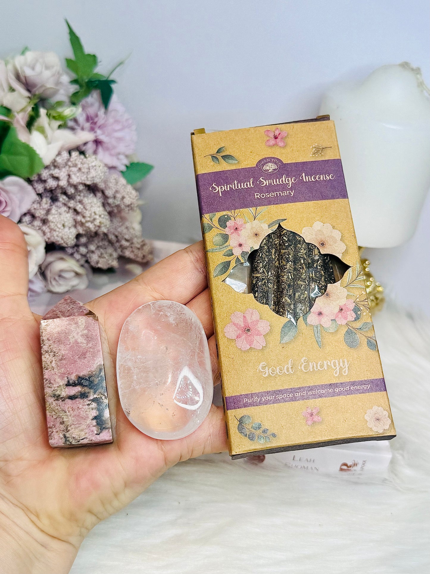 🎁 Christmas Gift Pack ~ Pack Rosemary Smudge Sticks, Rhodonite Tower & Clear Quartz Palm Stone 🎁