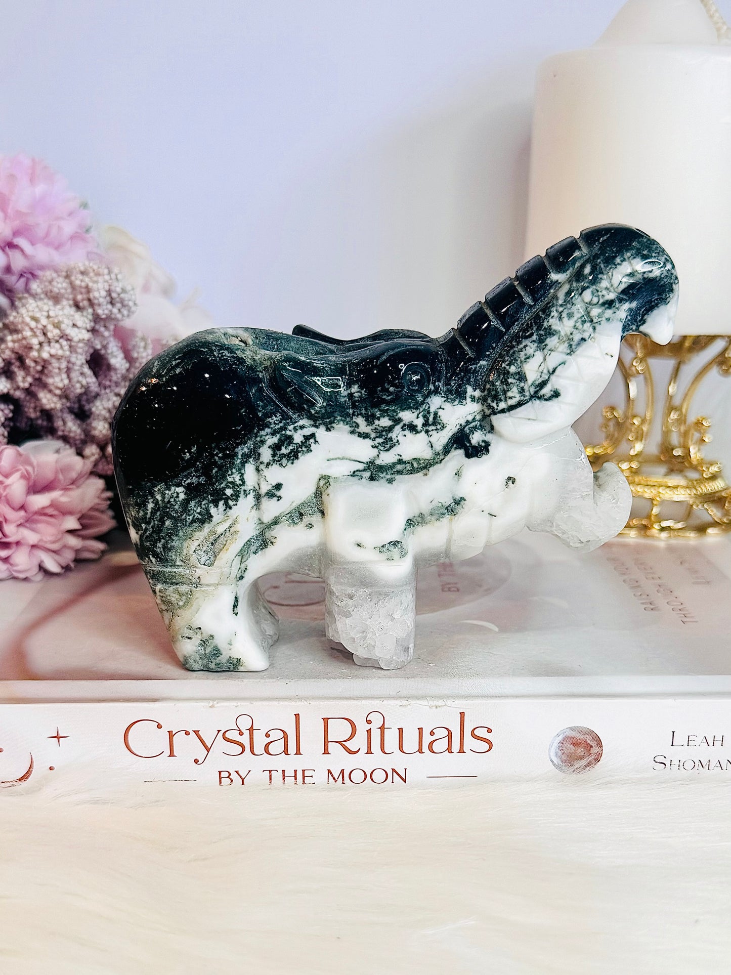Beautiful Large Green Moss Agate Carved Hippopotamus 14cm 475grams