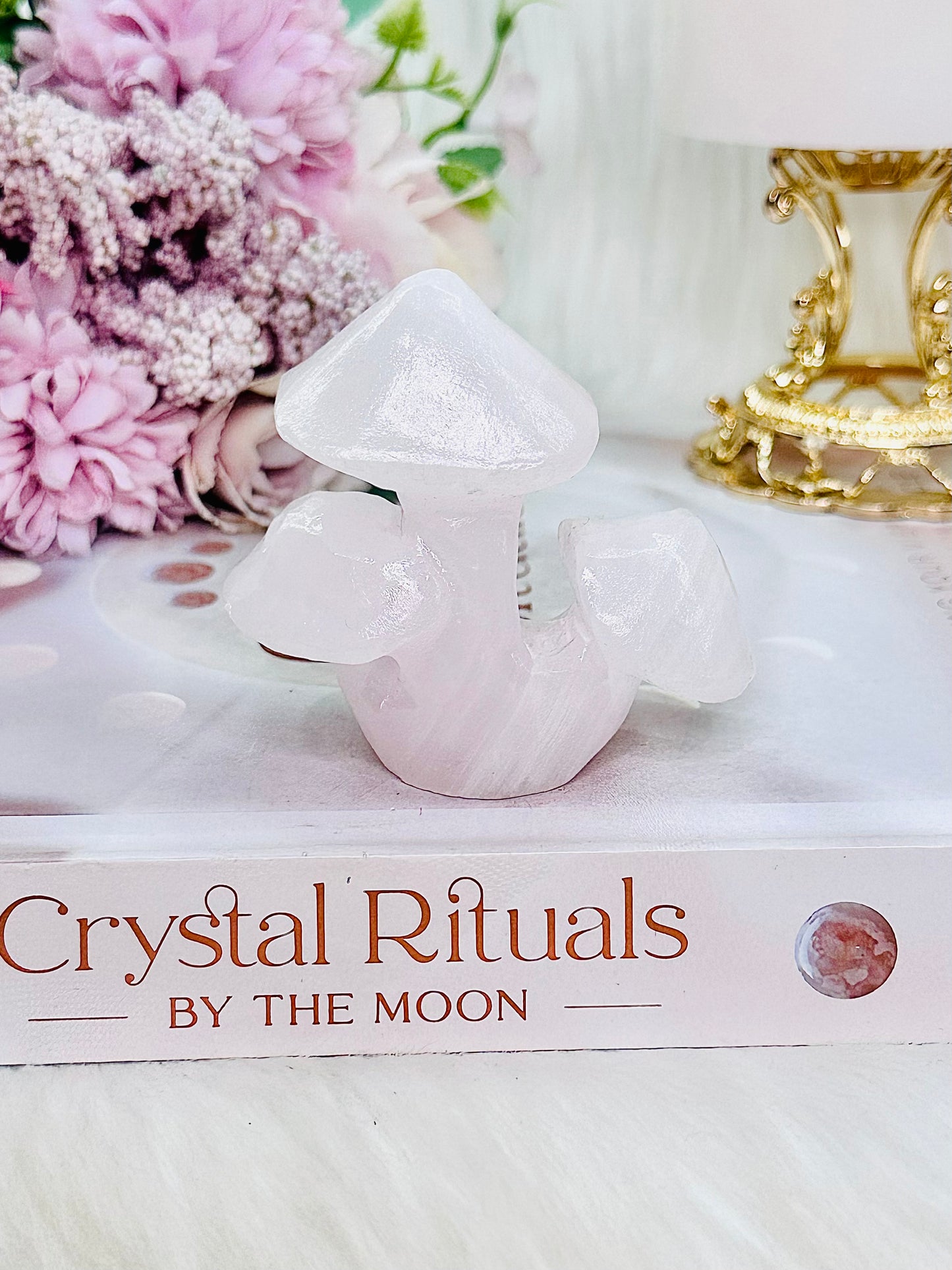 Beautiful Pink Manango Calcite Triple Mushroom Carving