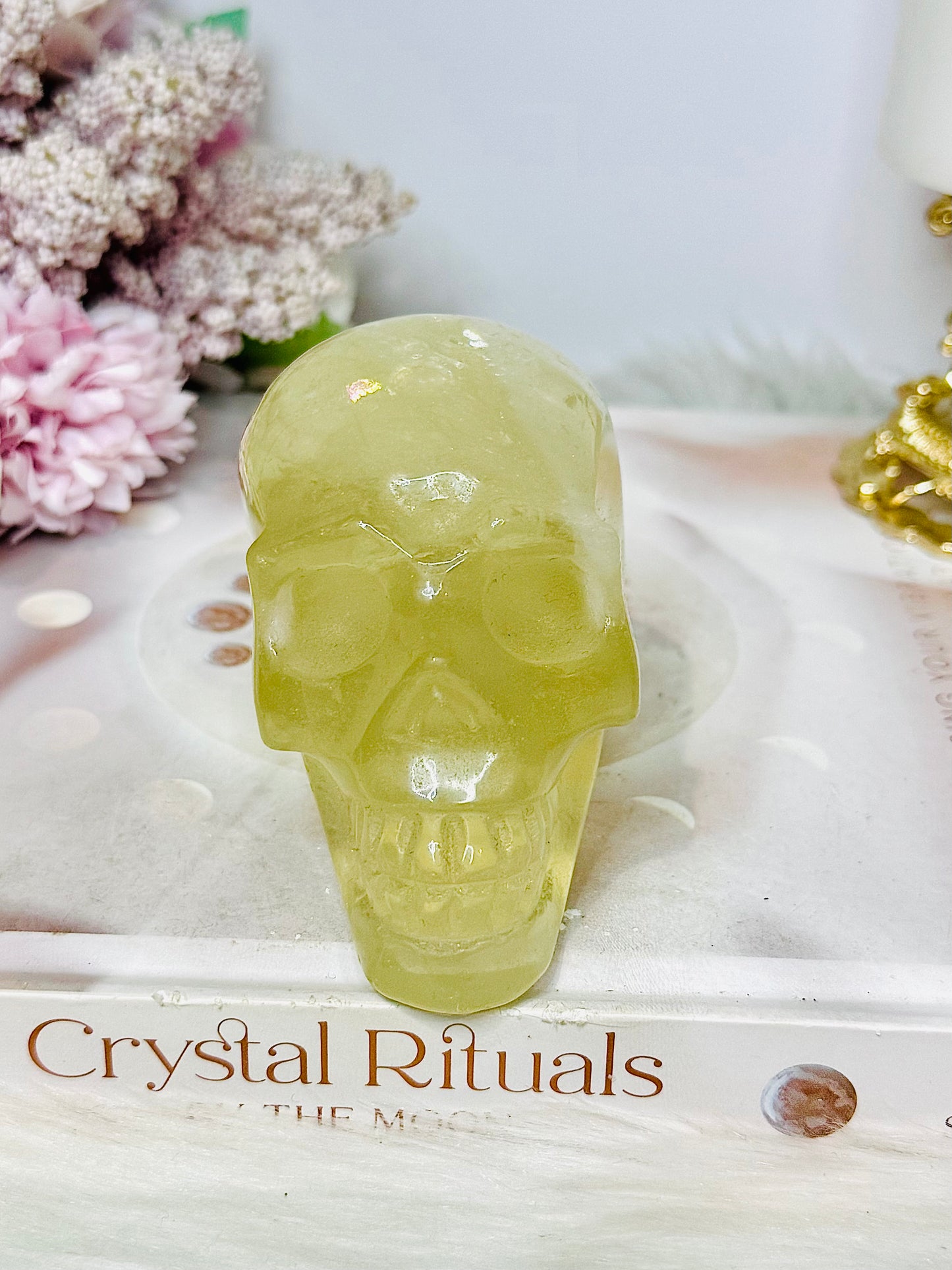 Citrine Carved Skull with Rainbows 8cm 399g