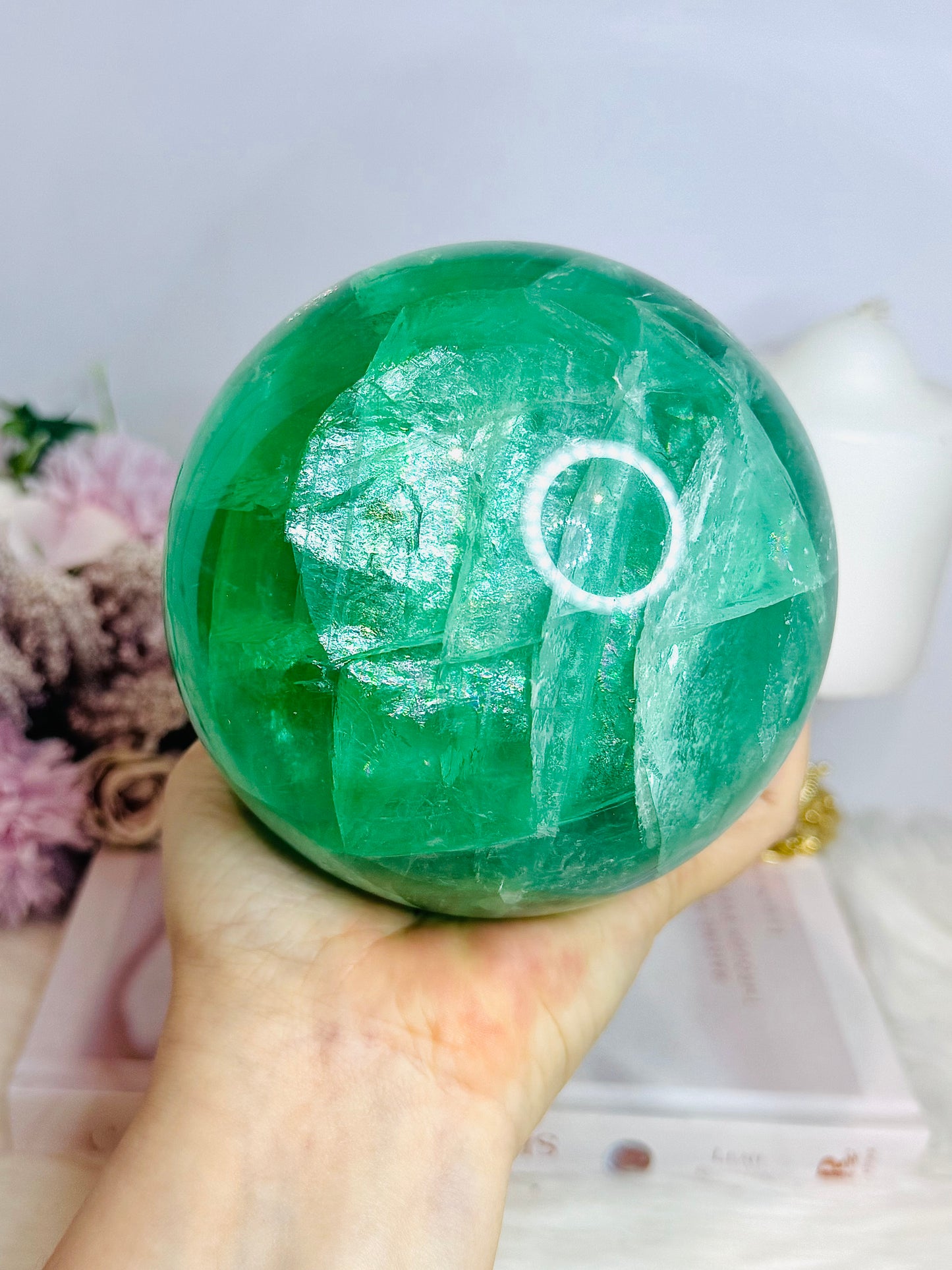 Huge High Grade Green Fluorite Sphere with Rainbows on Stand 2.4KG