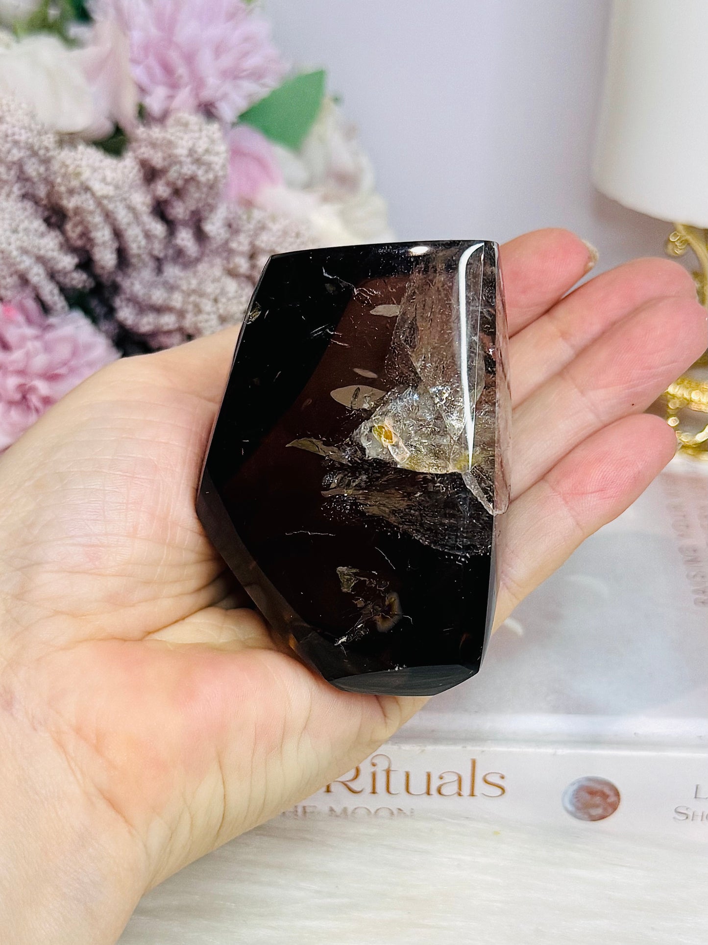 High Grade Smokey Quartz Polished Freeform With Rainbows On Stand 375g