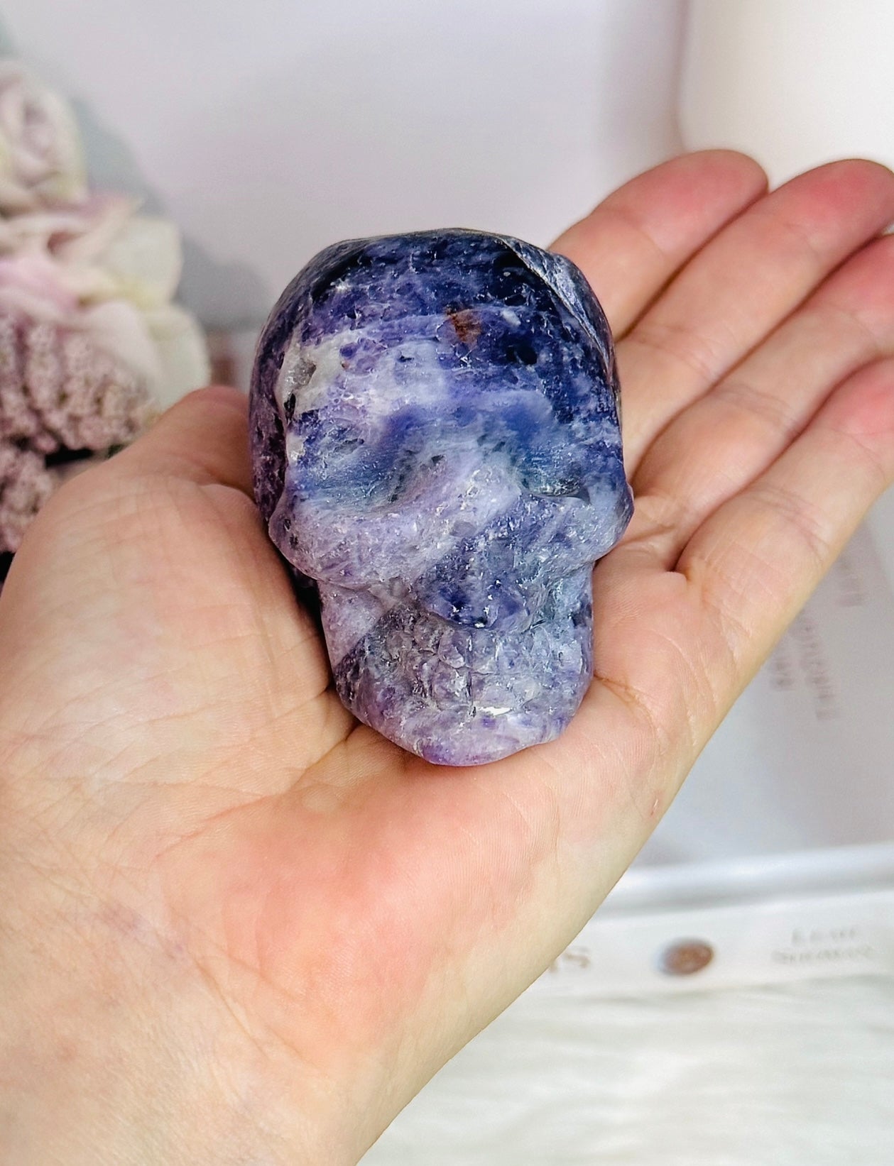 Purple Root Fluorite Carved Skull 288grams