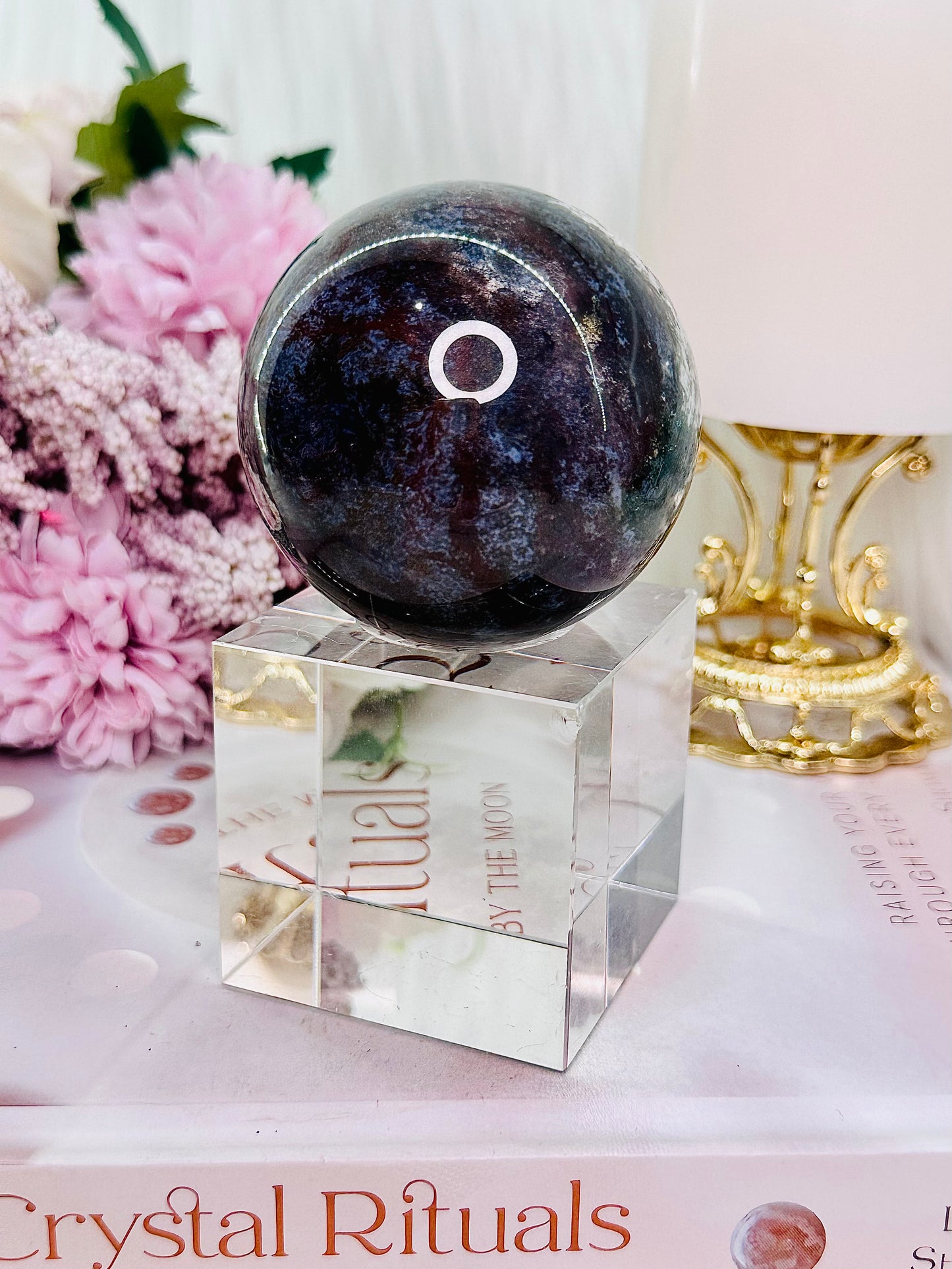 Peace & Tranquility ~ Beautiful Moss Agate Sphere On Stand 291grams (Glass stand in pic is display only)