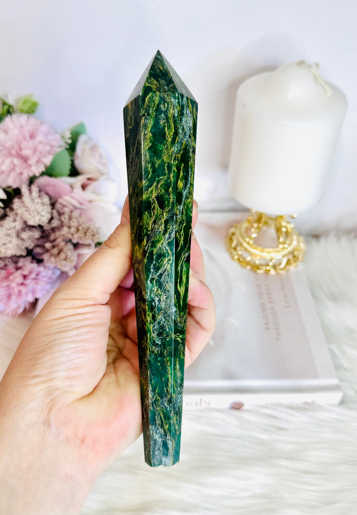 Emerald Jasper Carved Wand | Tower on Stand 19.5cm