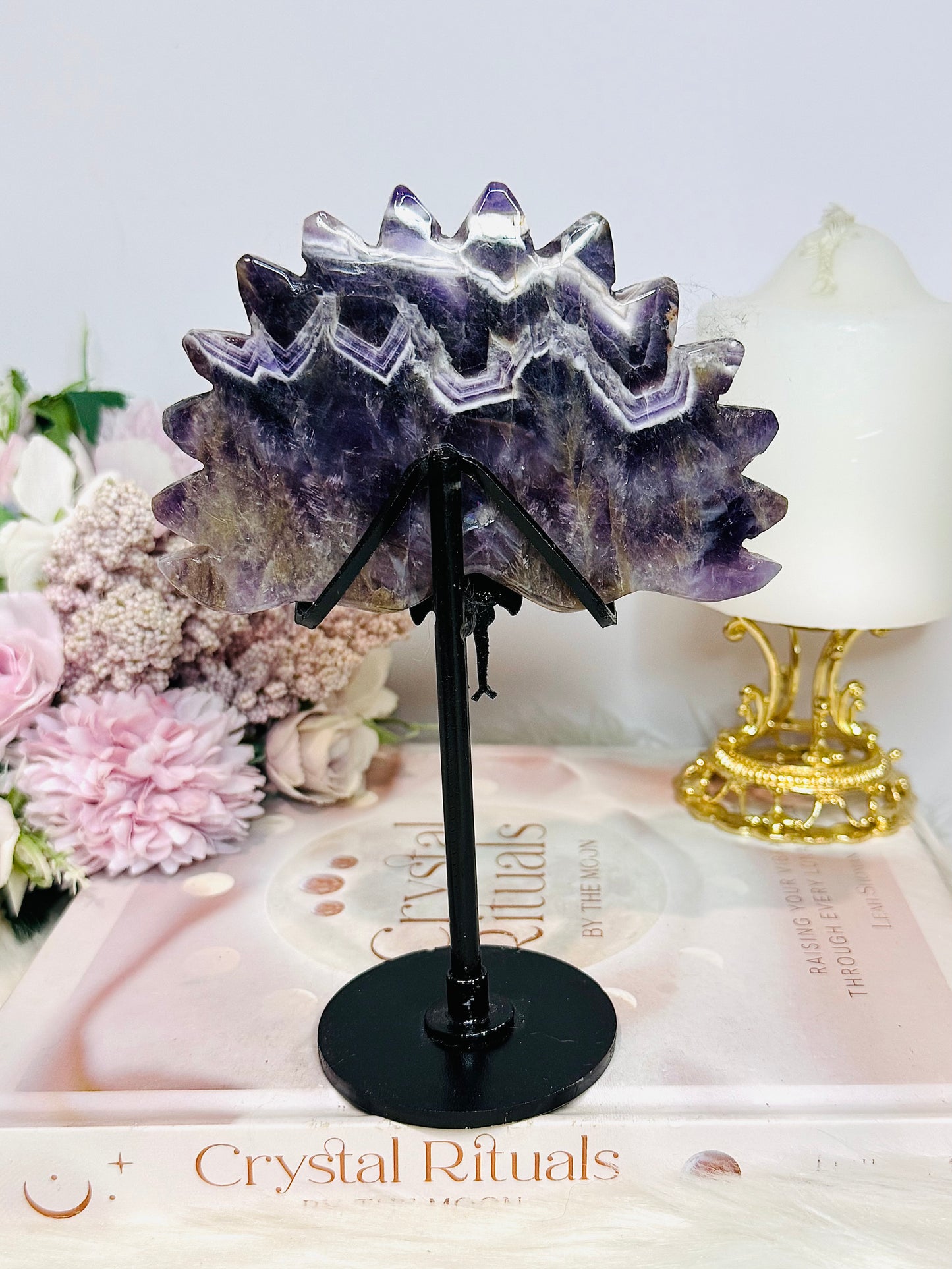 Large Chunky Dream Amethyst | Chevron Carved Peacock On Stand 16cm