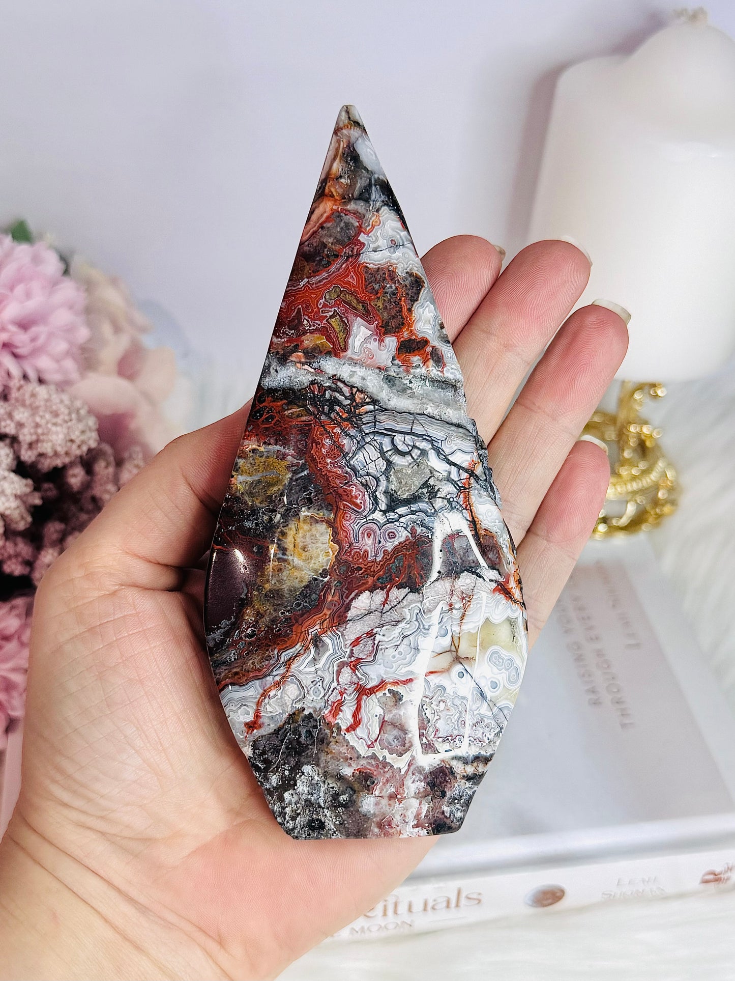 Stunning 14cm Natural Mexican Lace Agate Carved Freeform | Flame