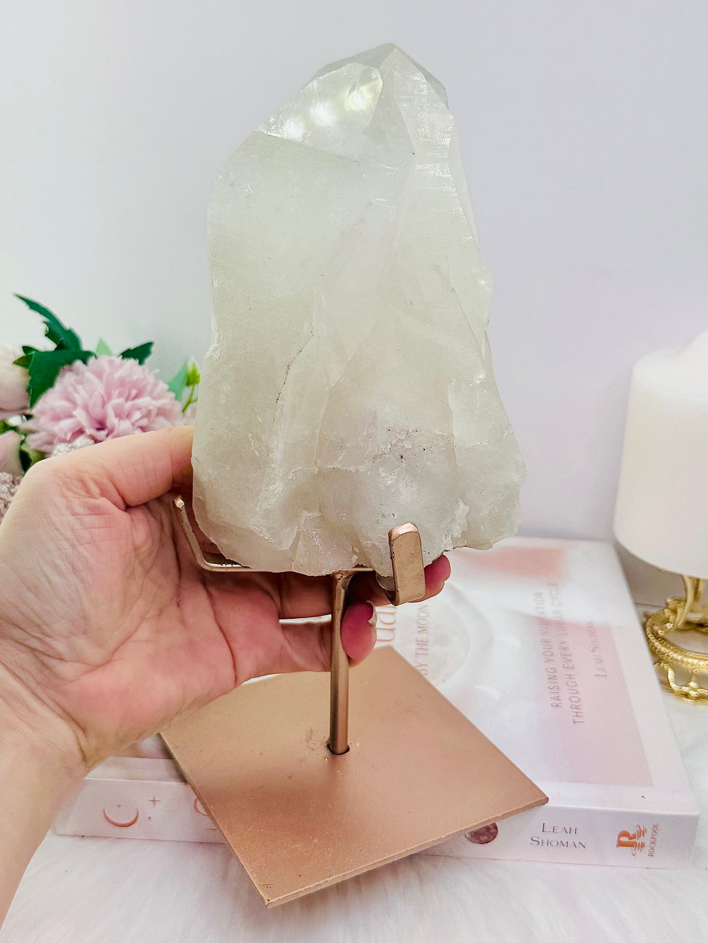 Incredible Large 1.6KG 23cm Natural Clear Quartz Specimen on Rose Gold Custom Stand From Brazil