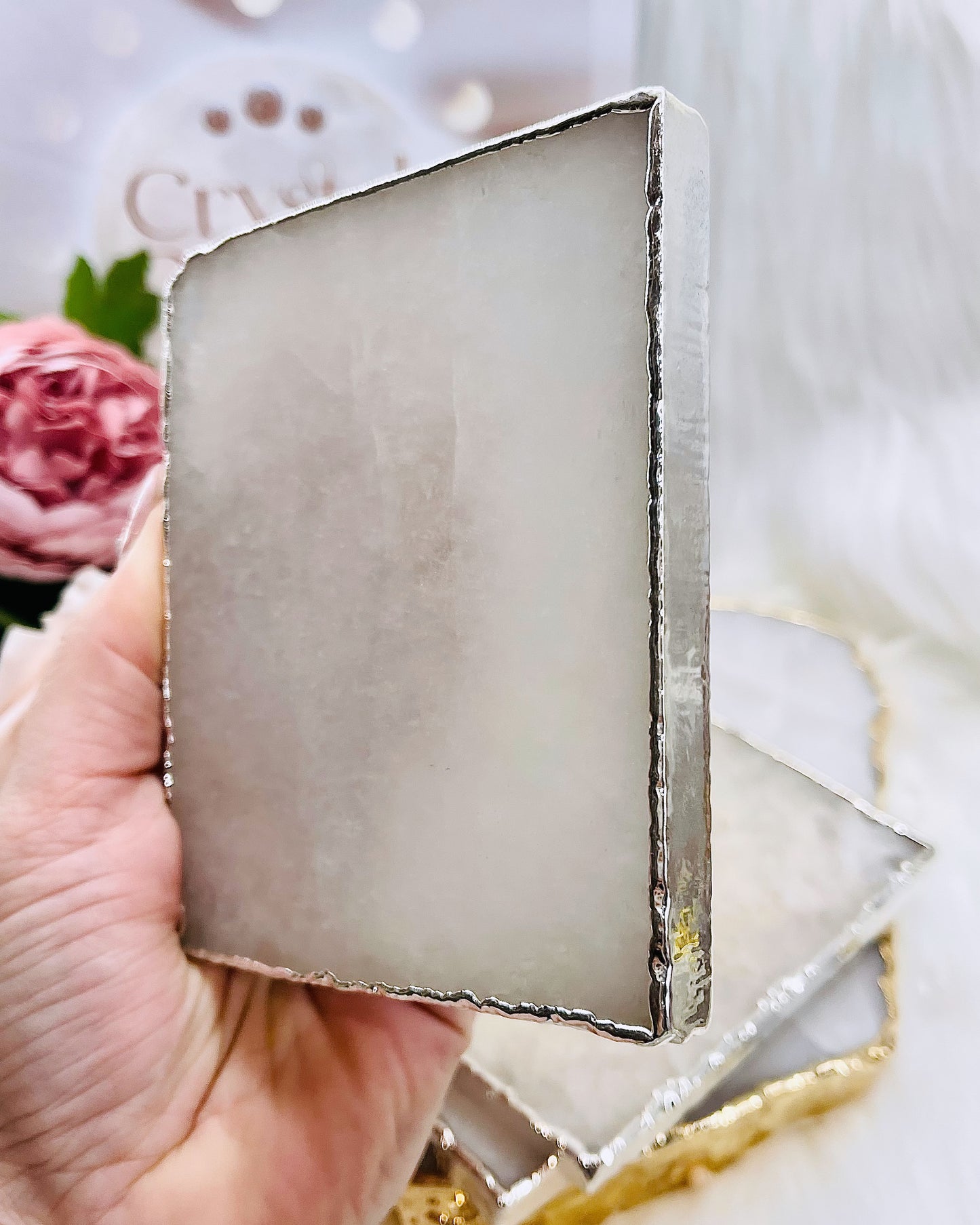 Classy & Fabulous Clear Quartz Silver Plated Slab | Coaster From Brazil $30 each