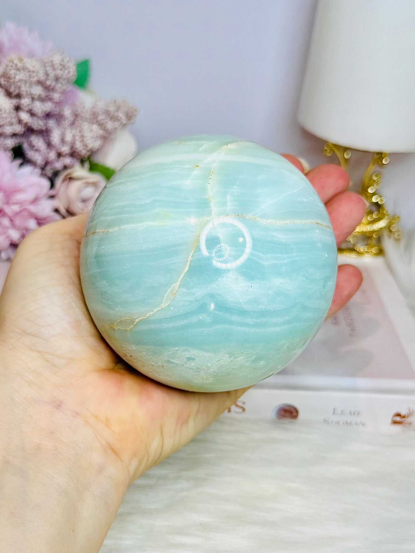 Large Caribbean Calcite Sphere 829g On Stand