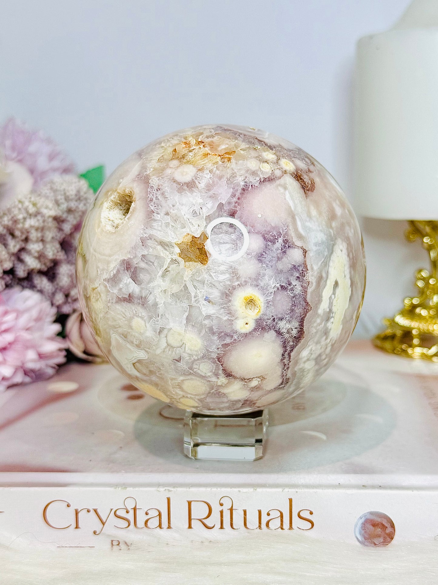 Rare Pink Amethyst X Flower Agate Large Sphere 890g On Stand