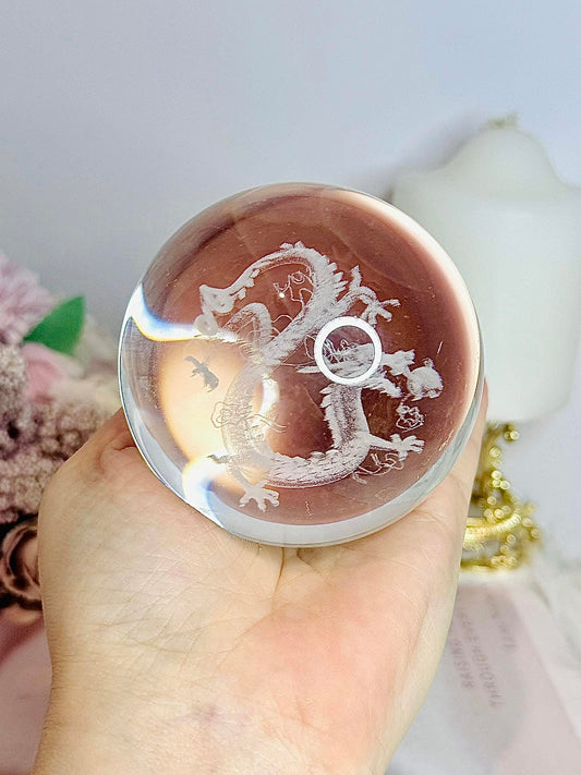 Large 602g Glass Chinese Dragon Sphere on Stand