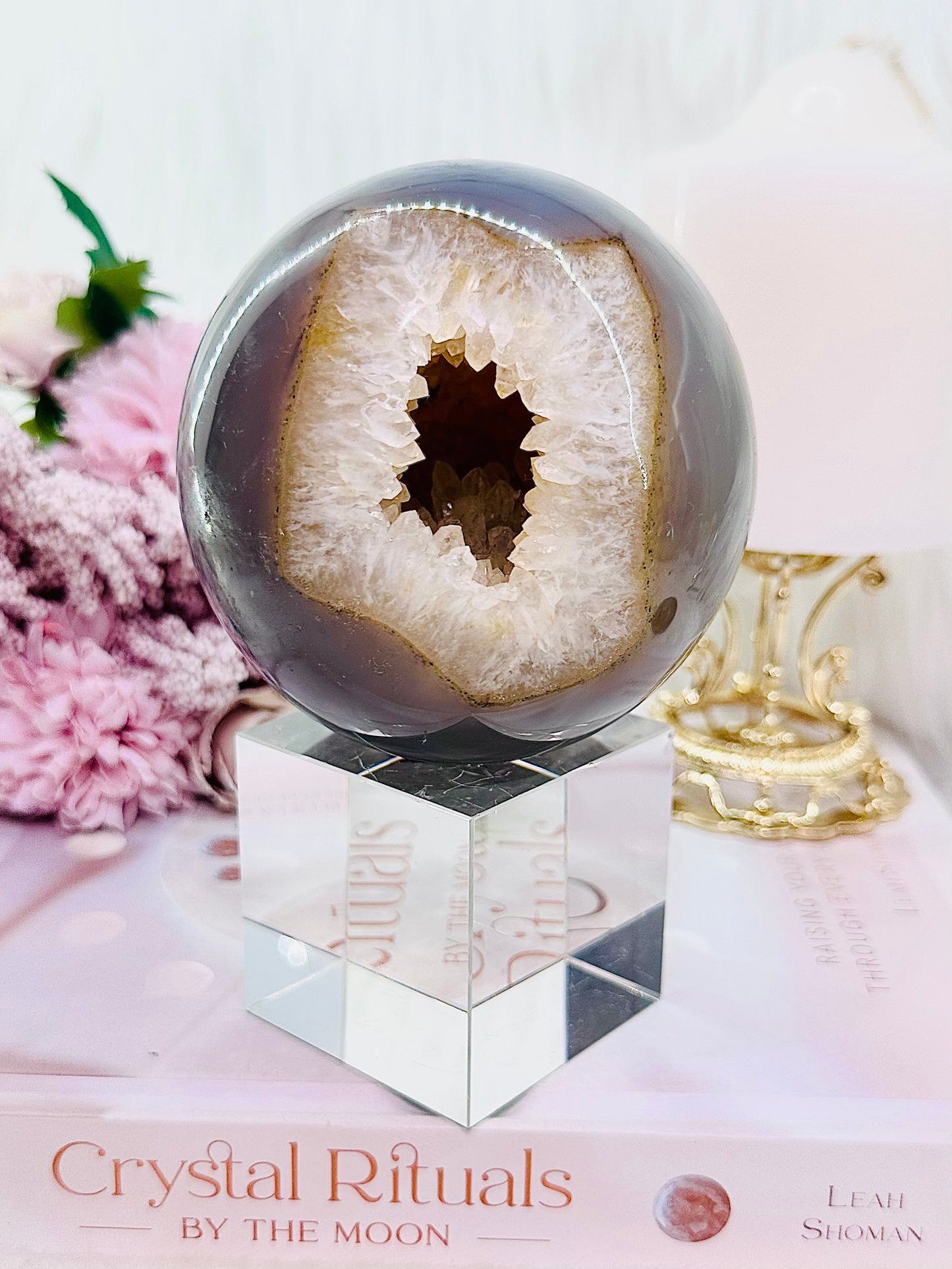 Magical & Incredible Large 821gram Perfect Druzy Agate Sphere On Stand From Brazil (Glass stand in pic is display only)