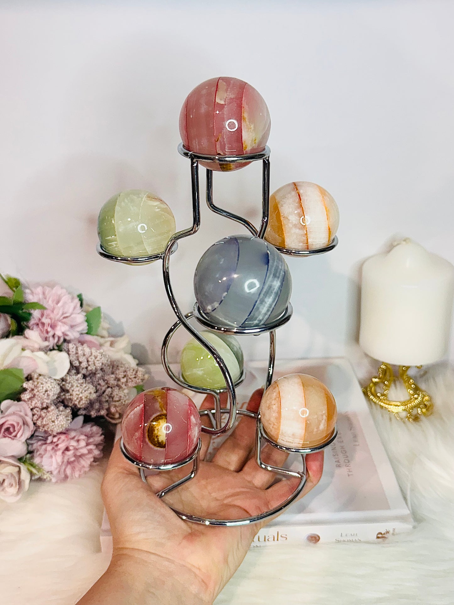 Colourful Large Silver Holder with Seven 7 Dyed Onyx Spheres