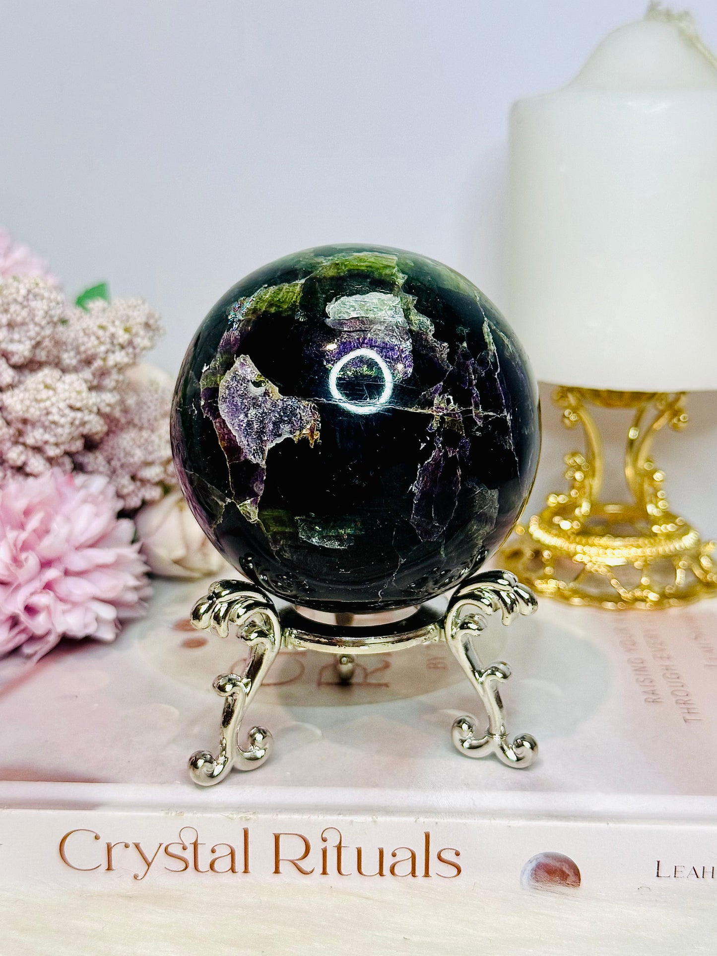 Large Fluorite Sphere with Rainbows 728g On Stand