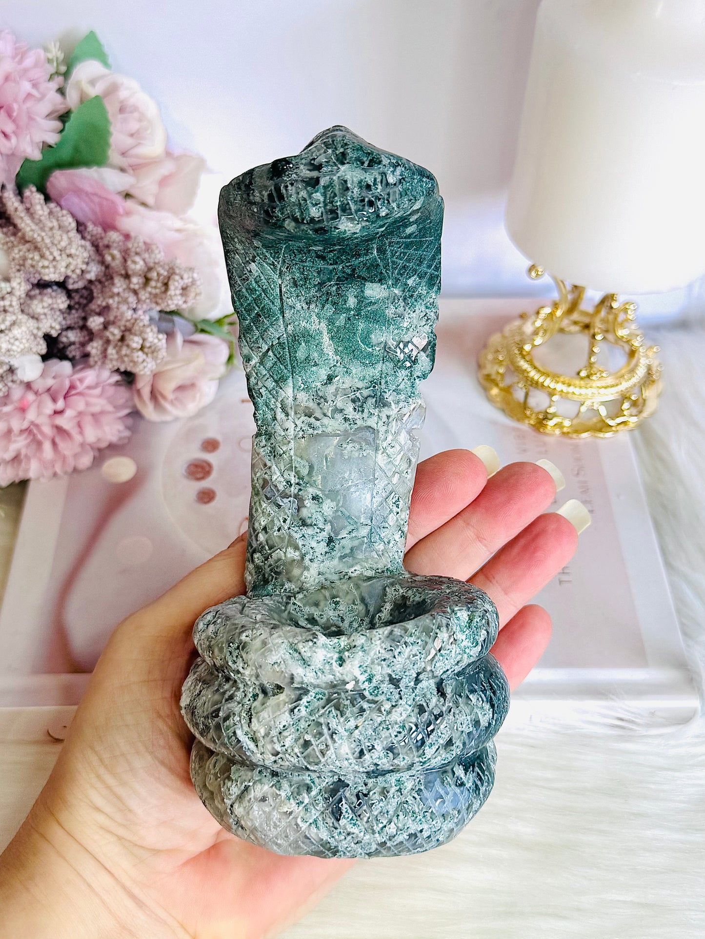 Moss Agate Large Carved Snake | Cobra 16cm