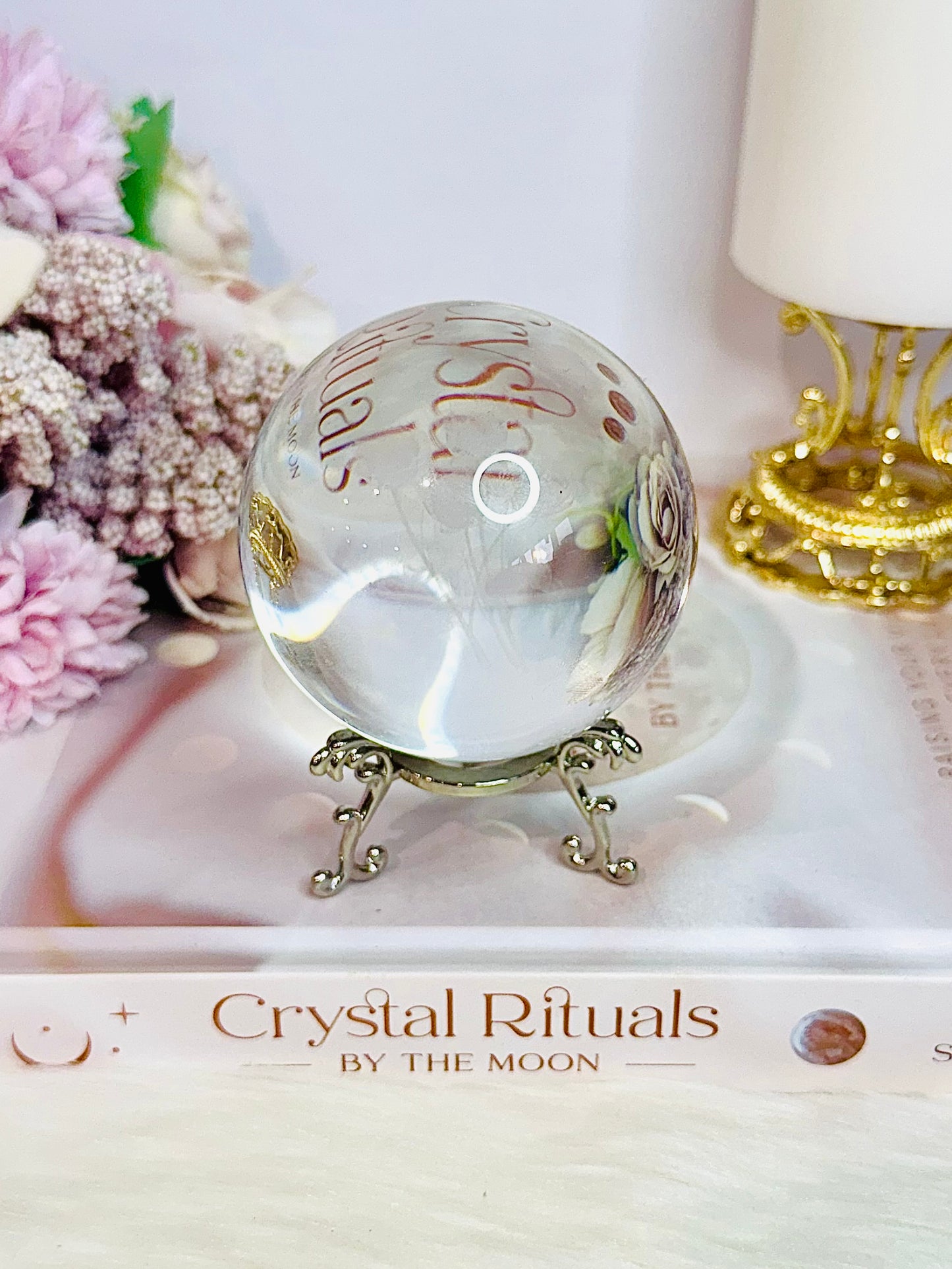 Large 424gram Glass Sphere with Etched Roses On Stand