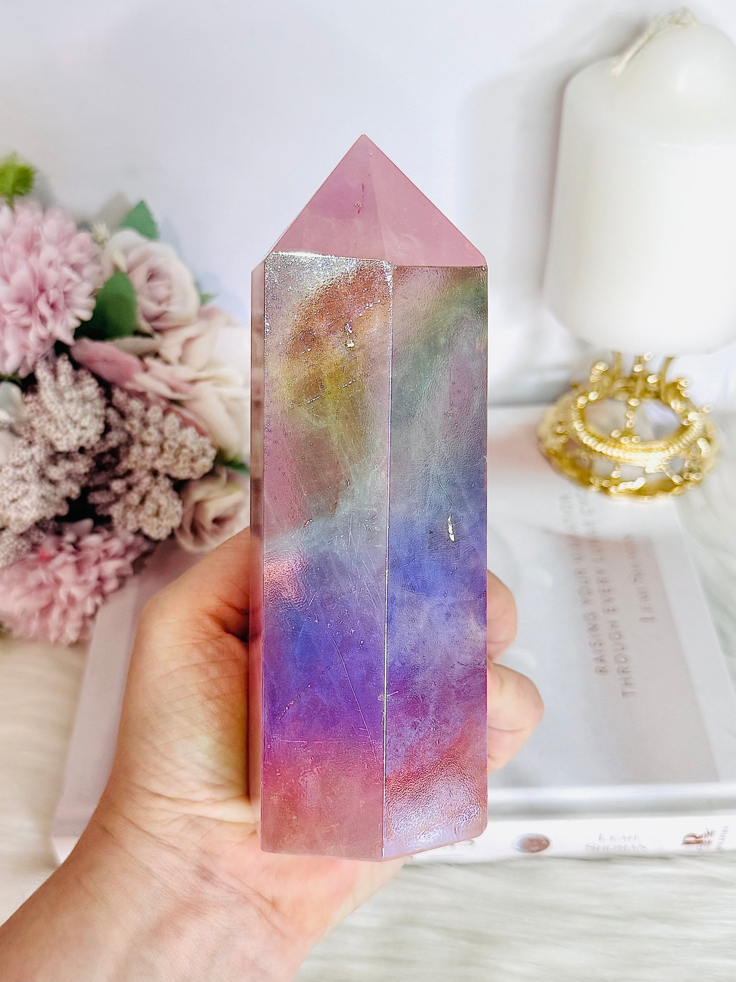 Large Angel Aura Chunky Rose Quartz Tower 15.5cm