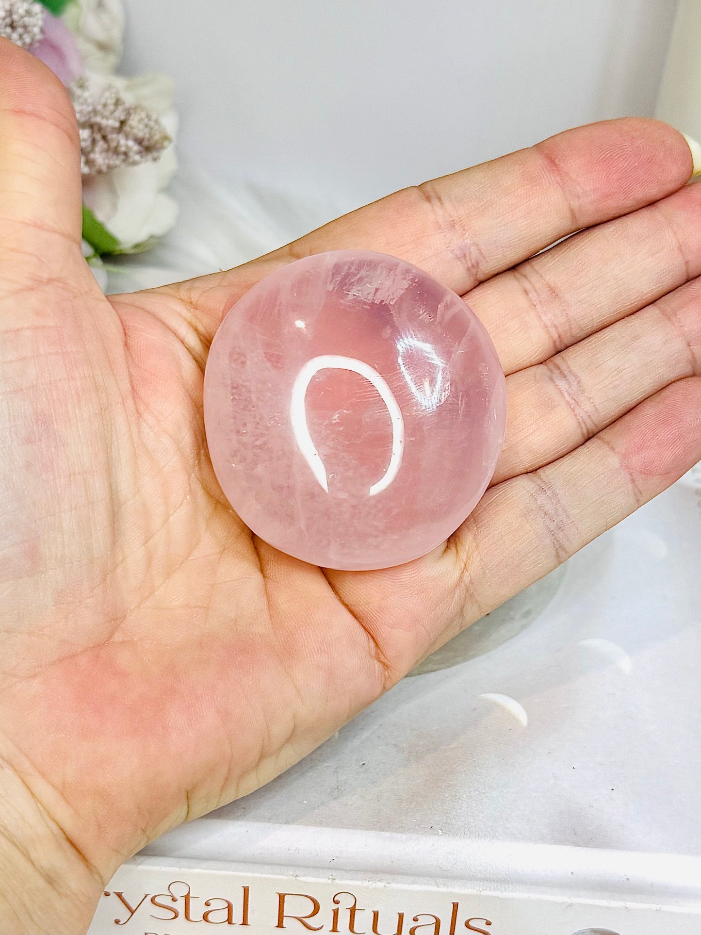 High Grade Rose Quartz Palm Stone (stand is display only)