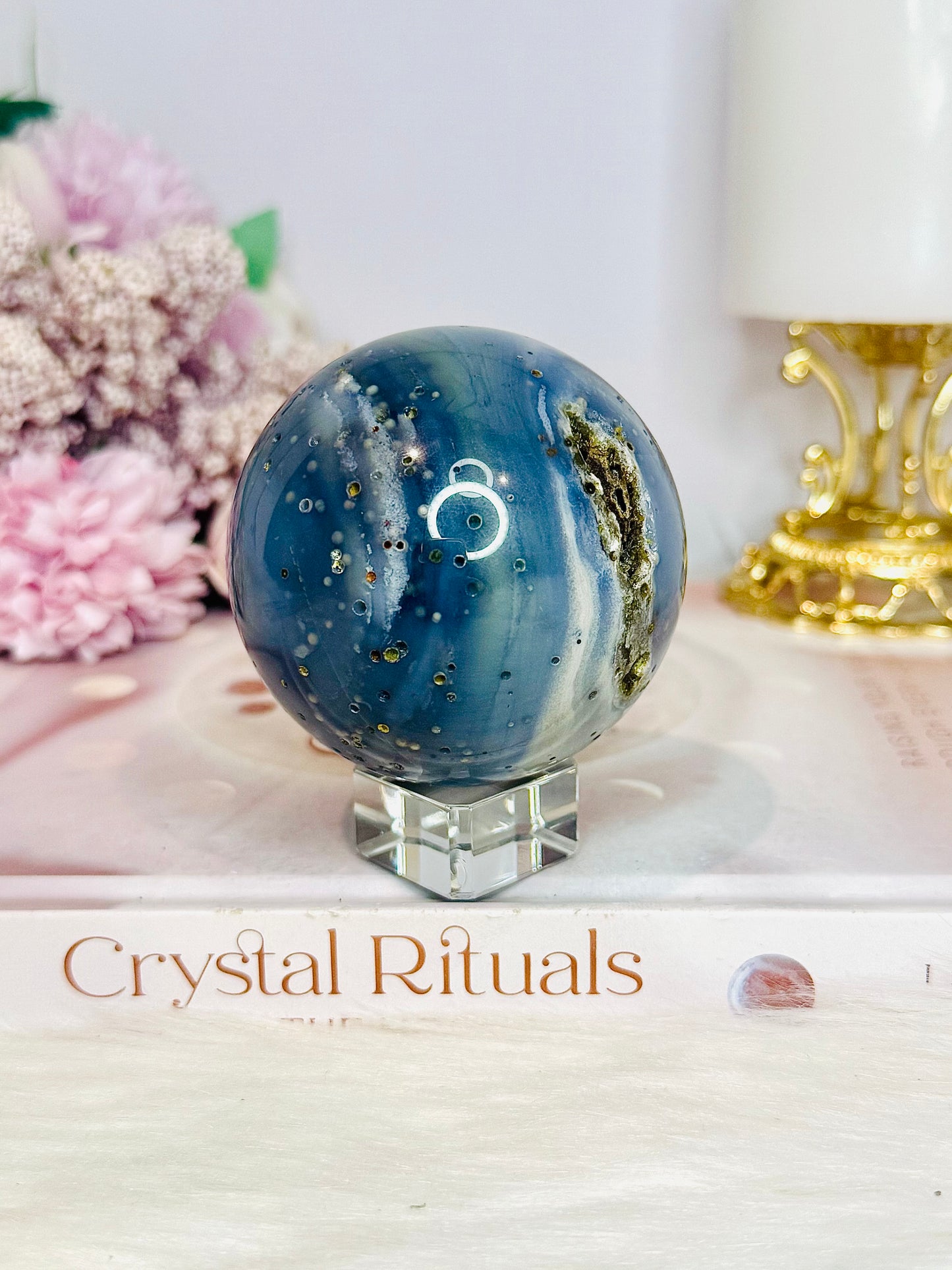 Blue Druzy Agate Sphere On Stand 308g