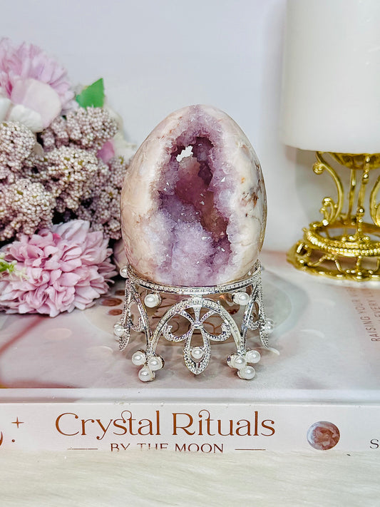 Classy & Fabulous Pink Amethyst Druzy Egg 8cm on Silver Stand