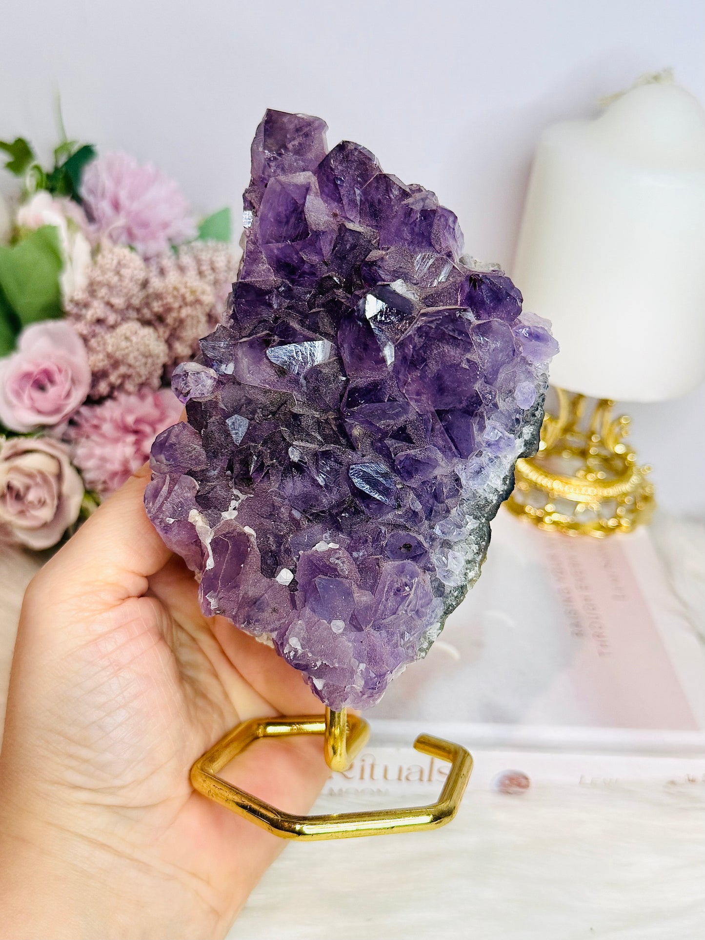 Large Natural Amethyst Cluster On Gold Stand 16cm 625g