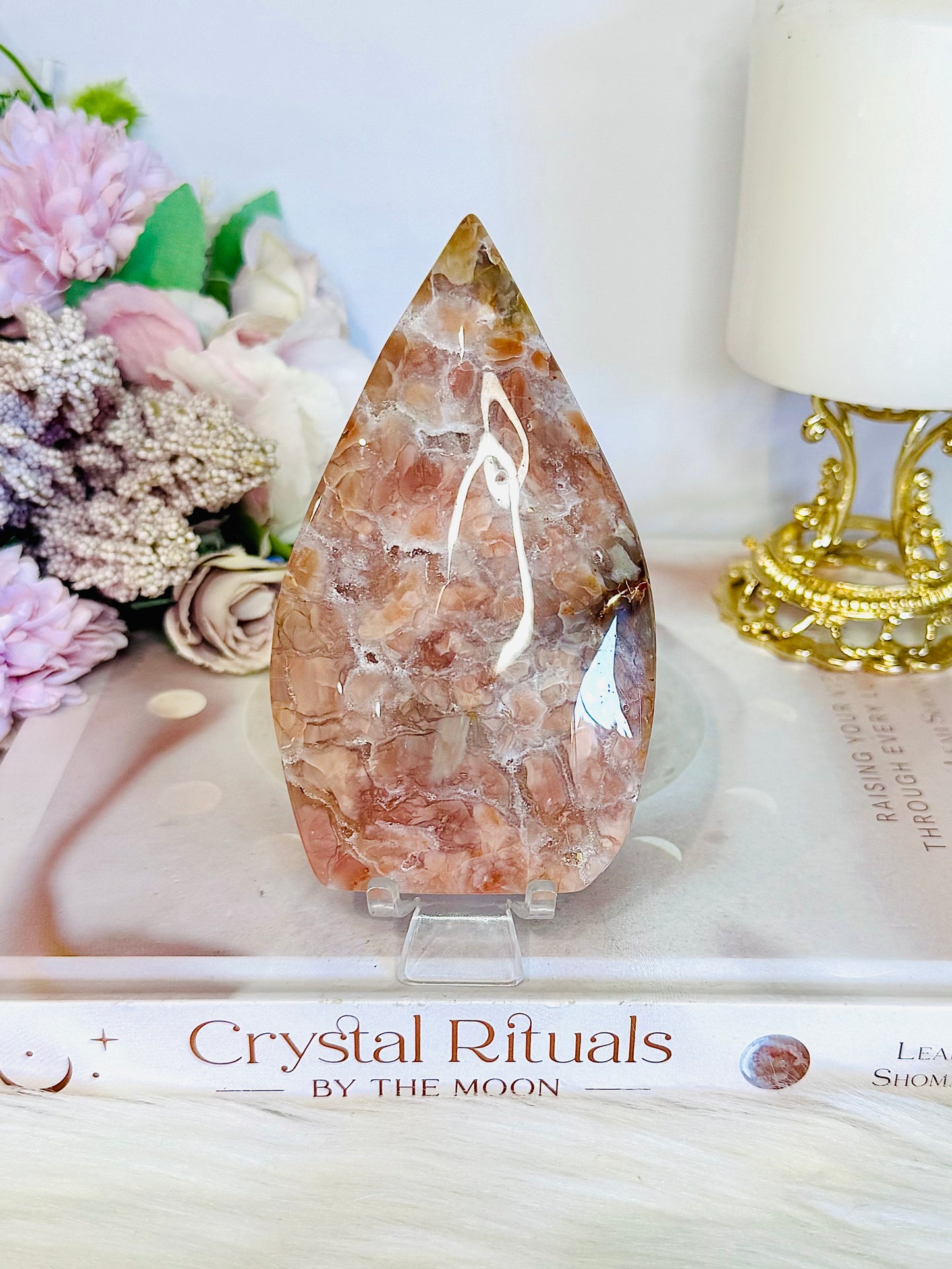 Pink Agate Carved Flame | Freeform on Stand