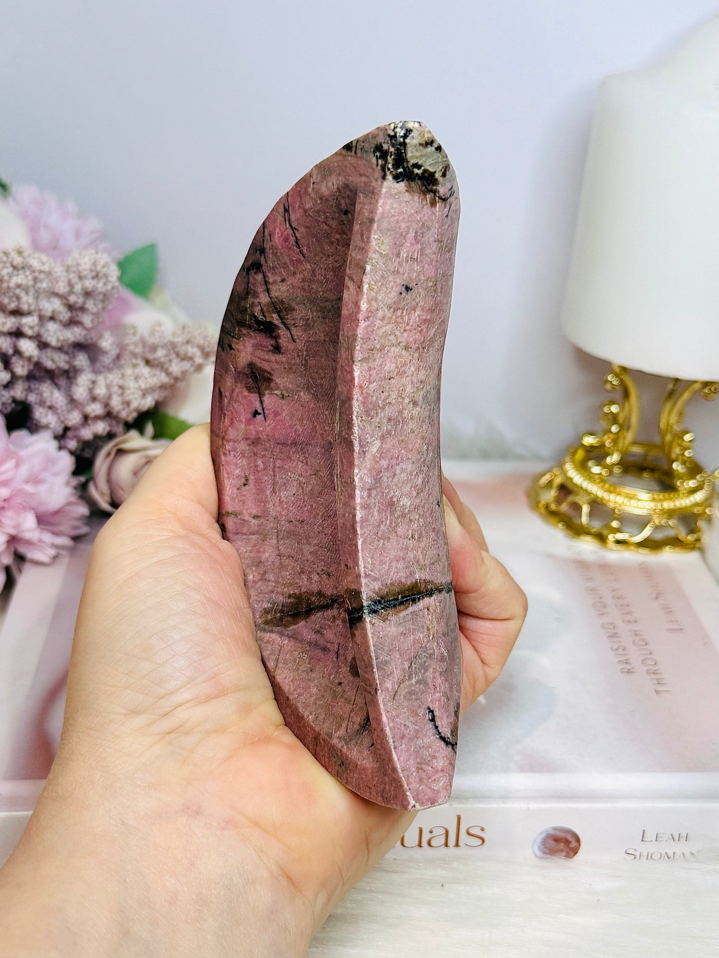 Large Rhodonite Moon Bowl 449g