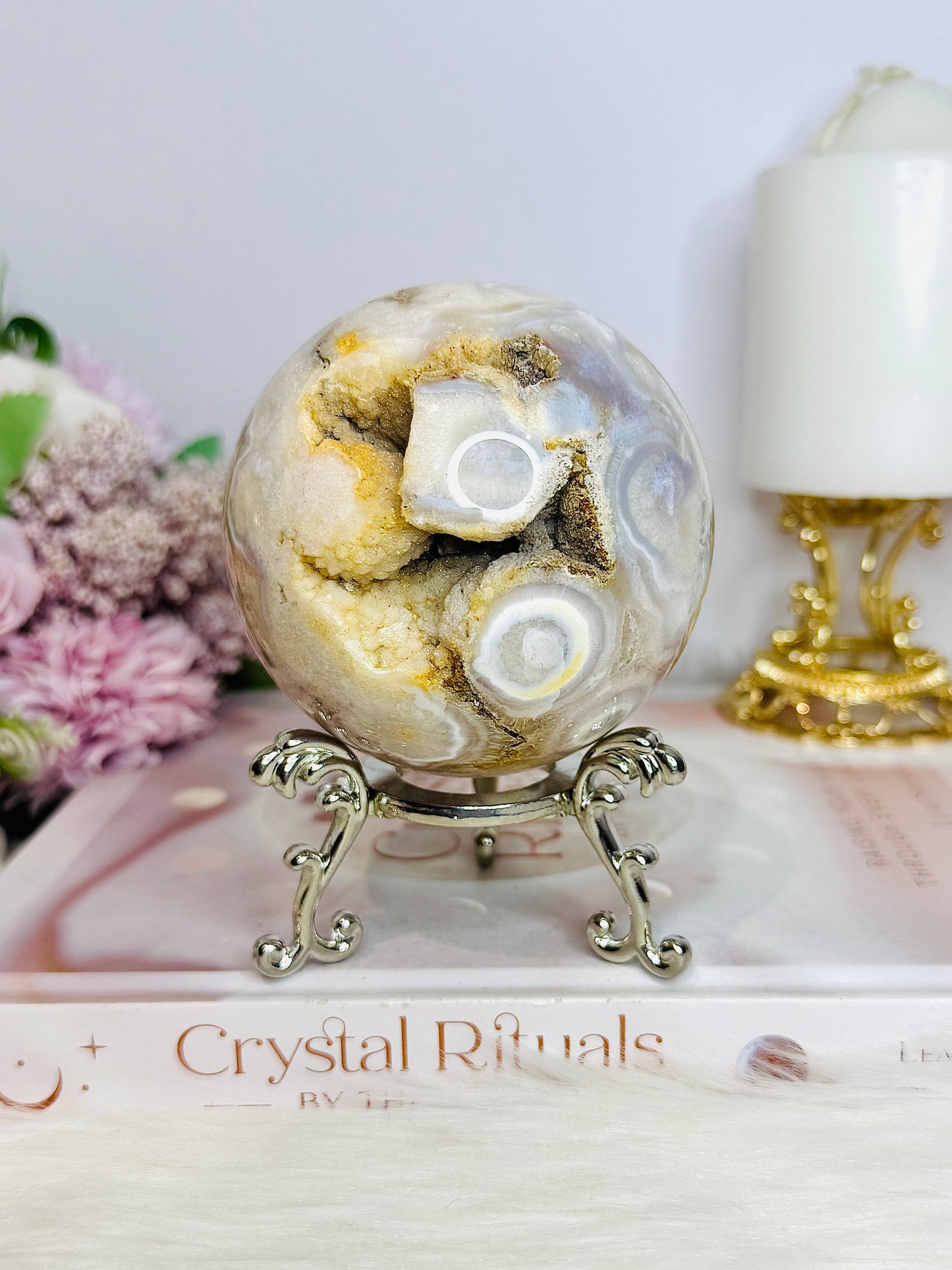 Large Flower Agate Druzy Sphere 646g On Stand