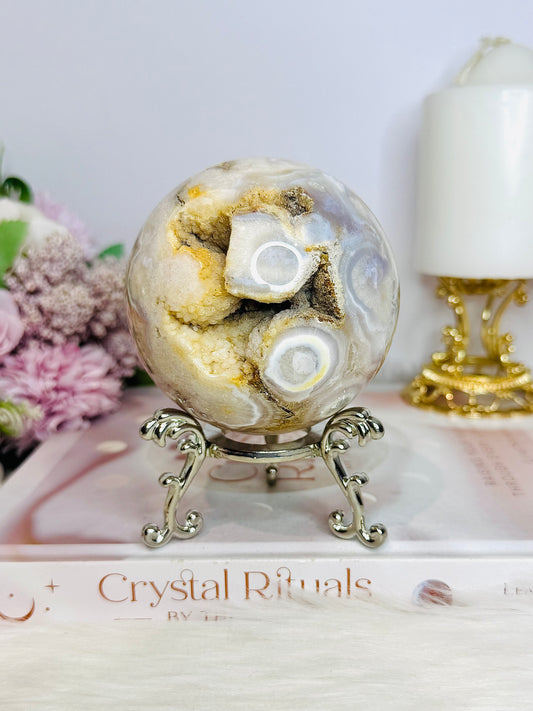 Large Flower Agate Druzy Sphere 646g On Stand