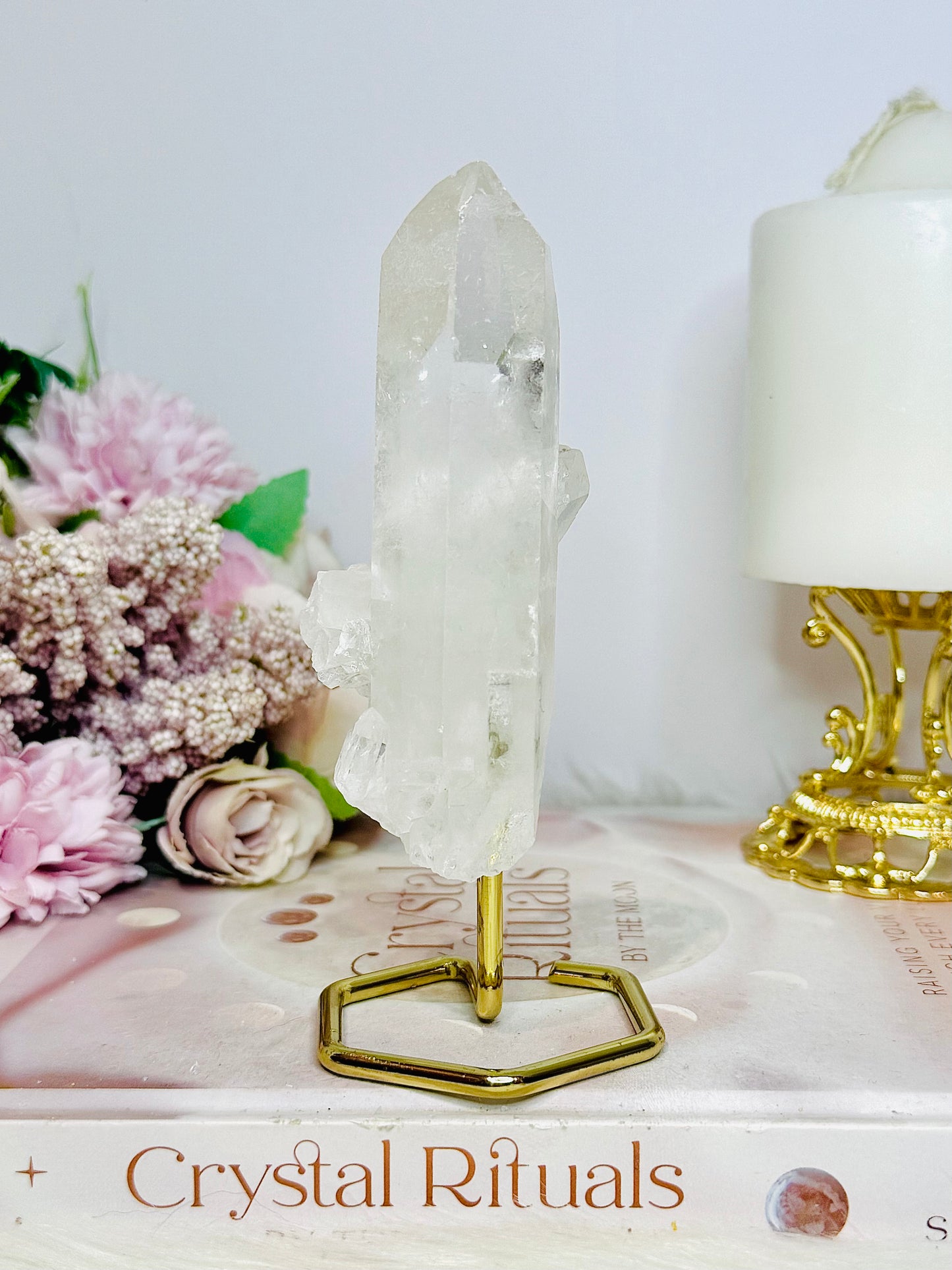 Clear Quartz Natural Tower on Gold Stand 14cm