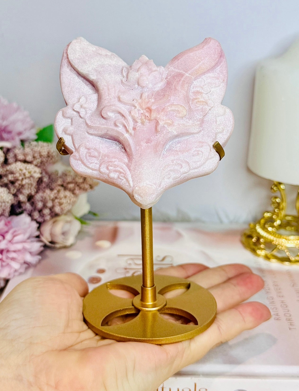 Pink Opal Carved Fox Head On Gold Stand 14.5cm