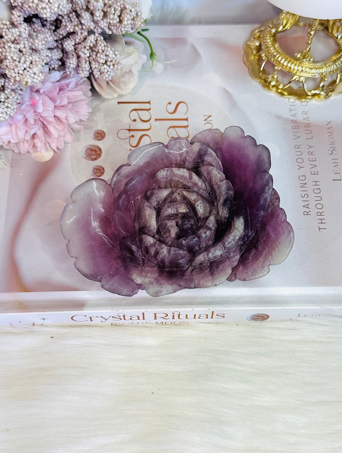Large Purple Fluorite Carved Flower | Rose 11cm 360gram